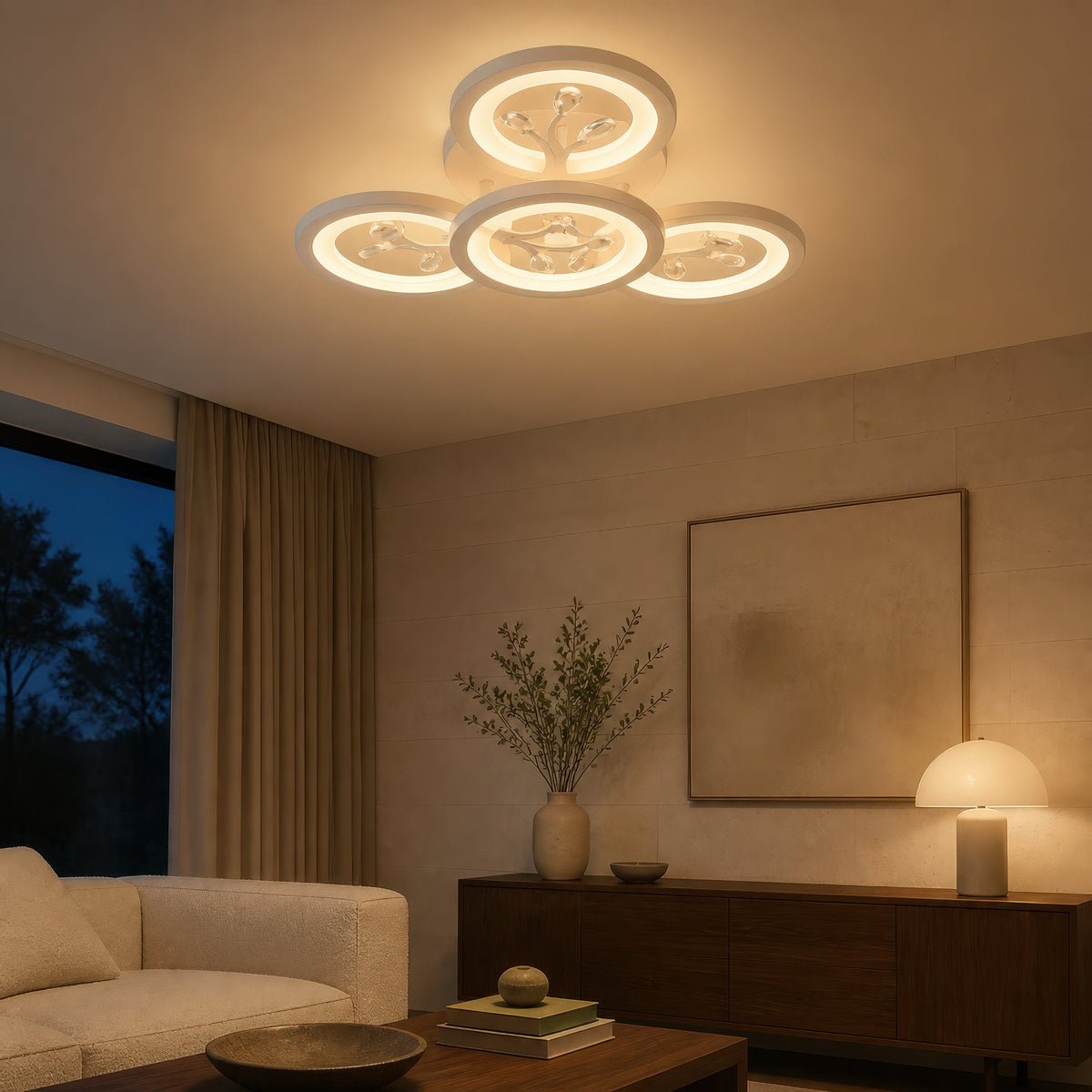 DAISY 53W LED Chandelier with Remote Control and Crystal, 4 Elements, Cool/Warm/Neutral Light, Dimmable, White, imaginea 10