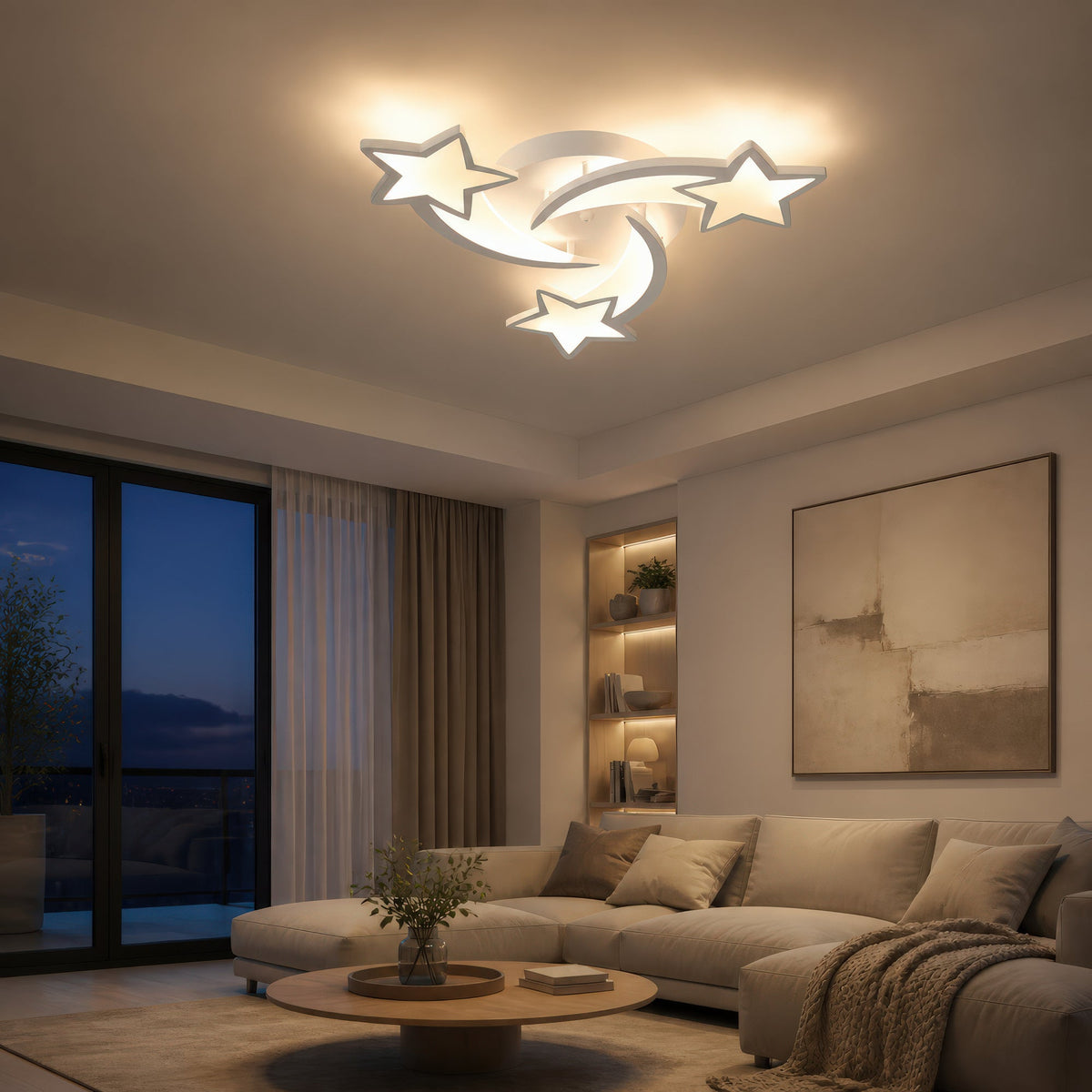 IPOMOEA 51W LED Chandelier with Remote Control, 3 Stars, Cool/Warm/Neutral Light, Dimmable, White, Metal and Acrylic, imaginea 11