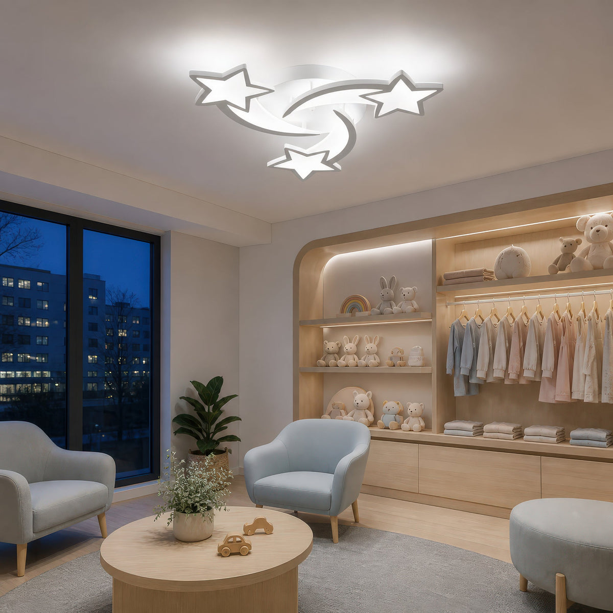 IPOMOEA 51W LED Chandelier with Remote Control, 3 Stars, Cool/Warm/Neutral Light, Dimmable, White, Metal and Acrylic, imaginea 13