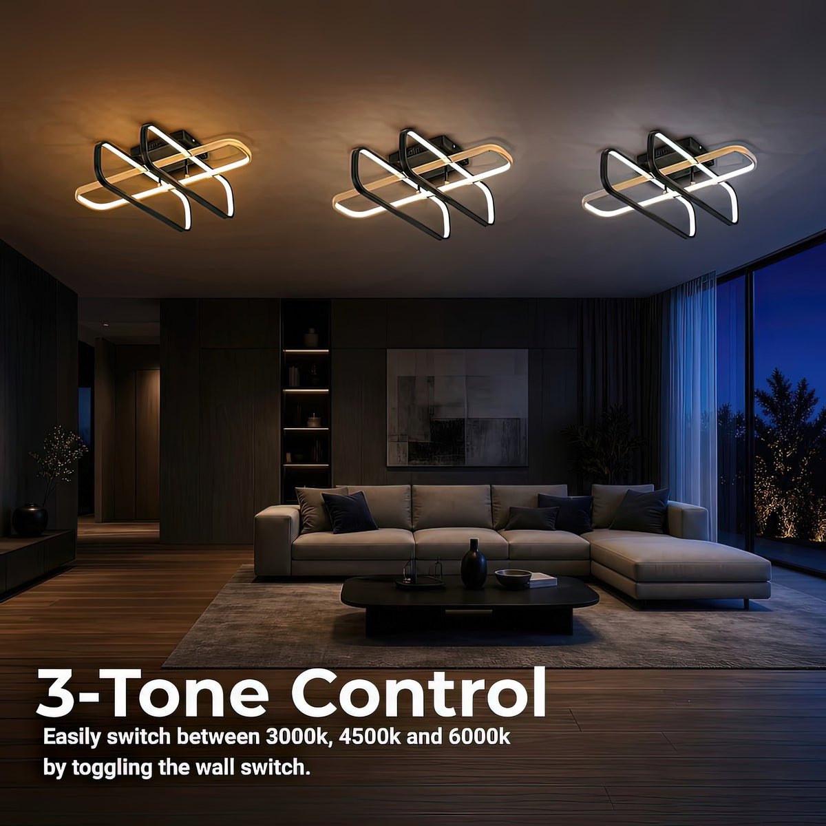 Lustra LED cu telecomanda TRANBERG, 3 surse, 3000K/4000K/6000K, 152W, Metal și Plastic, Negru