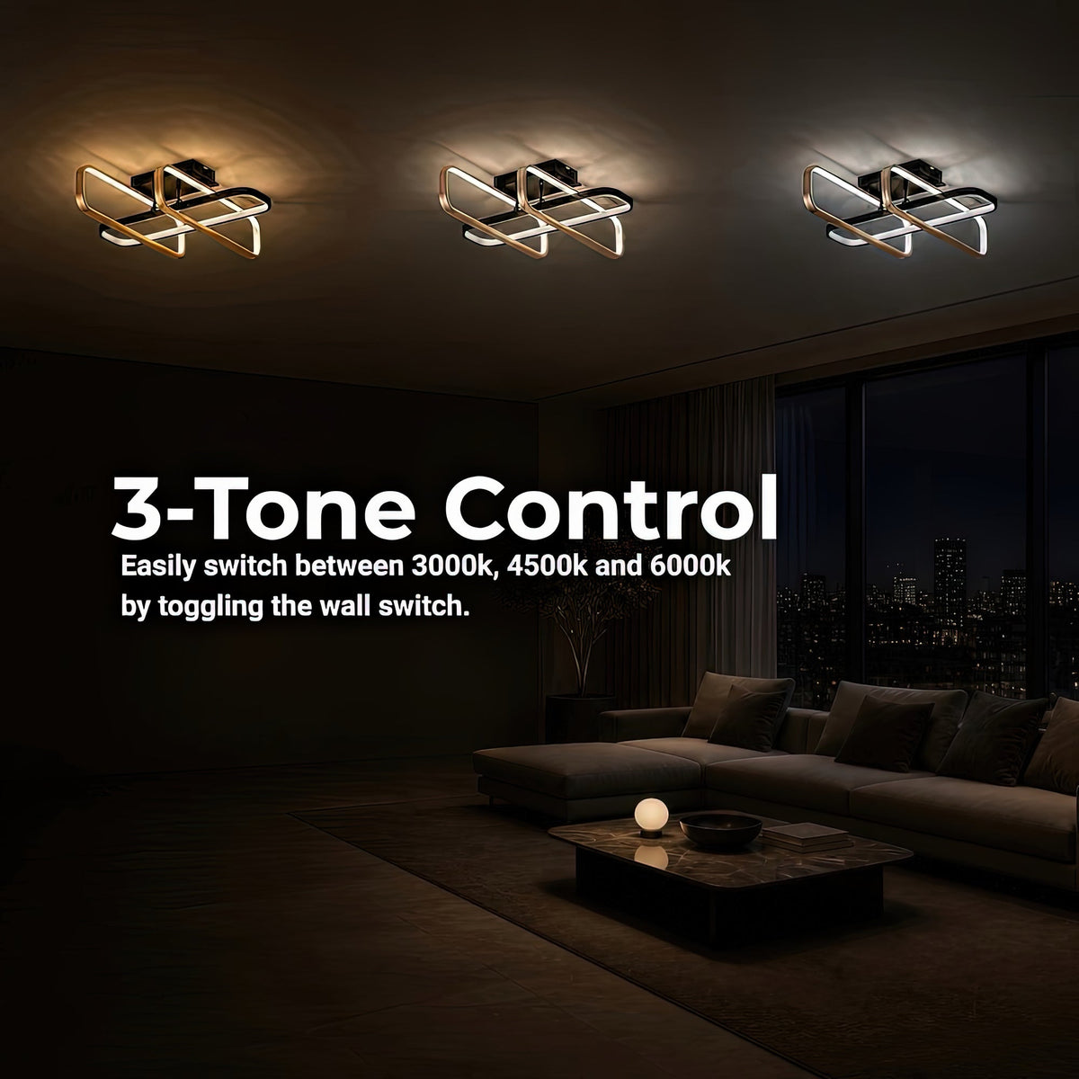 Lustra LED cu telecomanda TRANBERG, 3 surse(1negre+2auriu), 3000K/4000K/6000K, 144W, Metal și Plastic, Negru