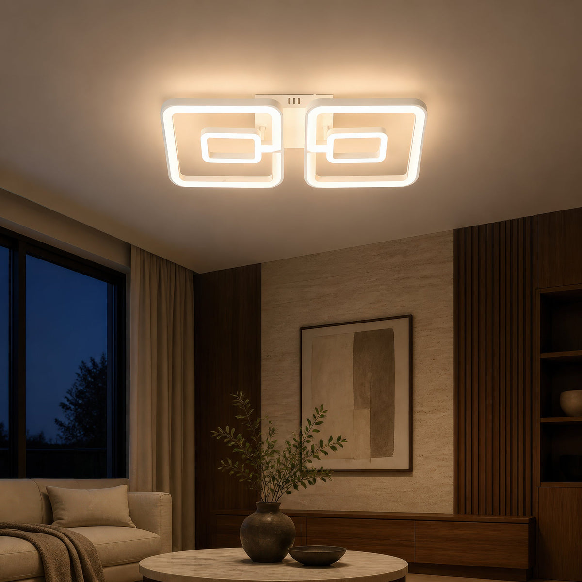 Lustra LED cu telecomanda FELIX 28W, 2 Patrate, lumina Rece/Calda/Neutra, Dimabila, Alb