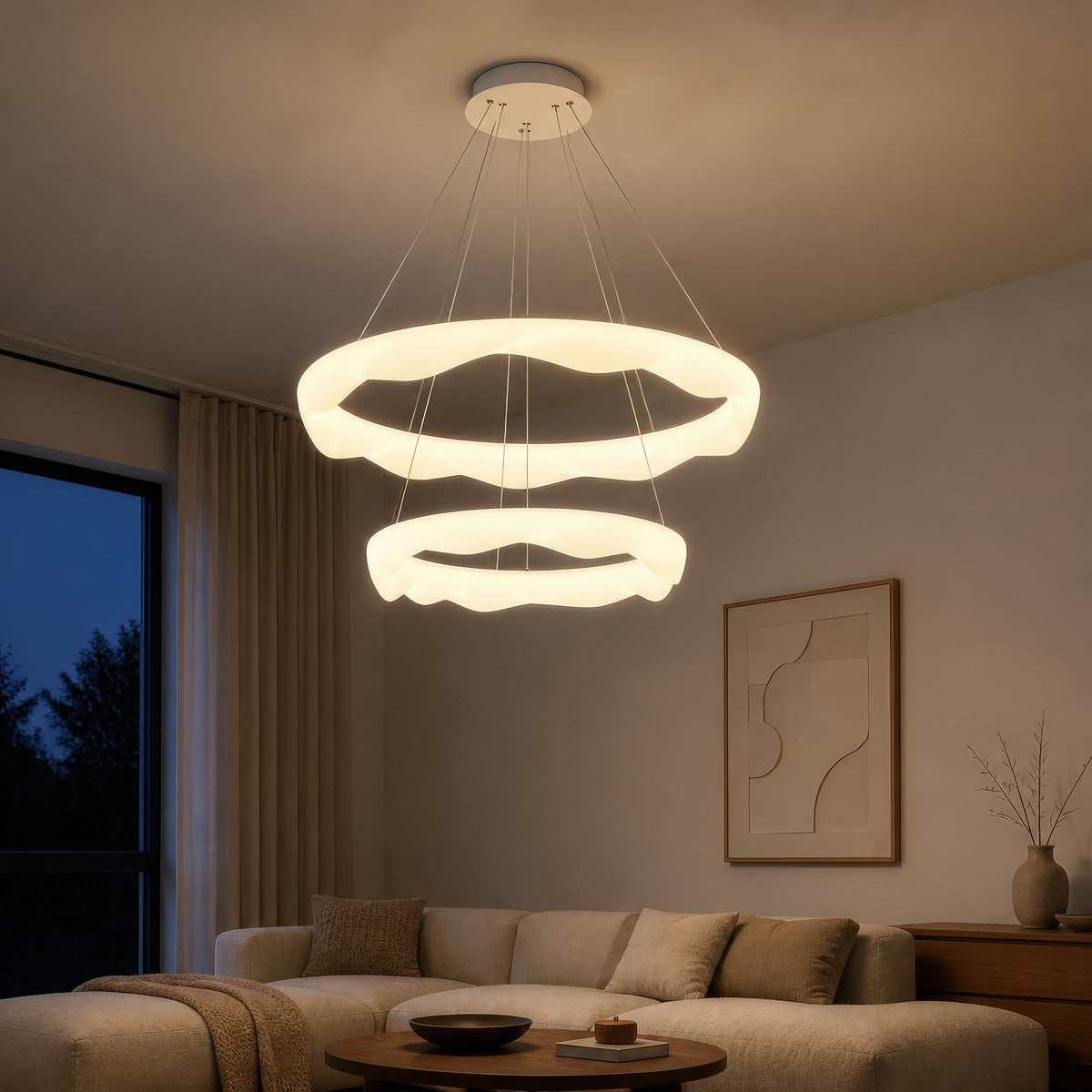 Lustra LED, suspendata cu Telecomanda, AMADEO, 89W, Lumina Rece/Calda/Neutra, Dimabila, Inaltime Reglabila, Alb