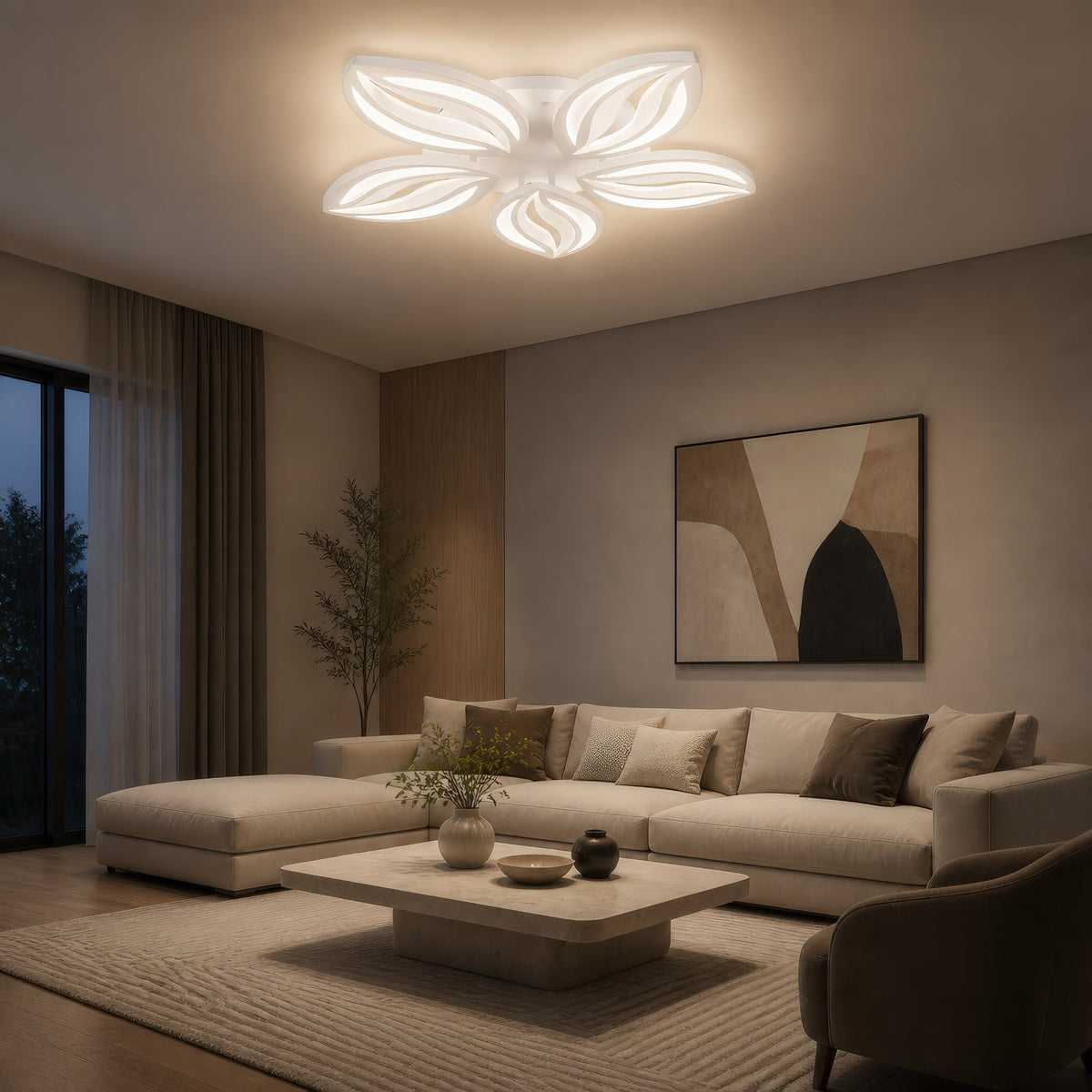 ORCHID 66W LED Chandelier with Remote Control, 5 Petals, Cool/Warm/Neutral Light, Dimmable, White, Metal and Acrylic, imaginea 10