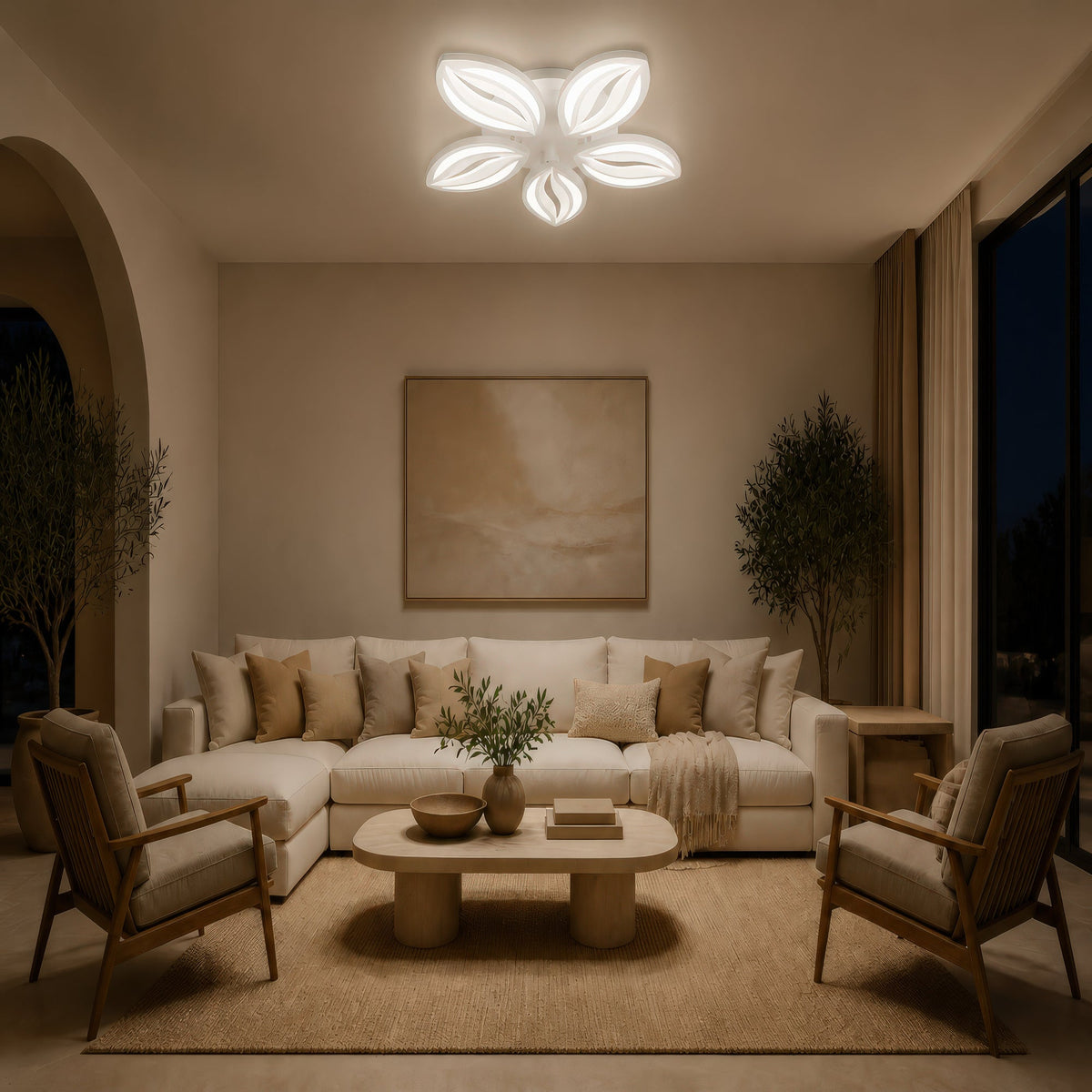 ORCHID 66W LED Chandelier with Remote Control, 5 Petals, Cool/Warm/Neutral Light, Dimmable, White, Metal and Acrylic, imaginea 11
