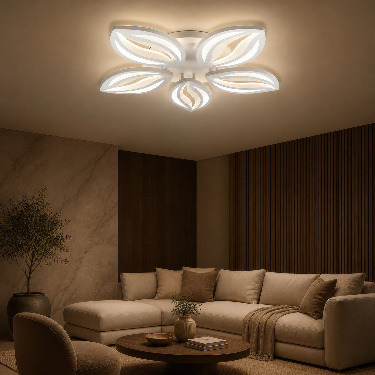 ORCHID 66W LED Chandelier with Remote Control, 5 Petals, Cool/Warm/Neutral Light, Dimmable, White, Metal and Acrylic, imaginea 12