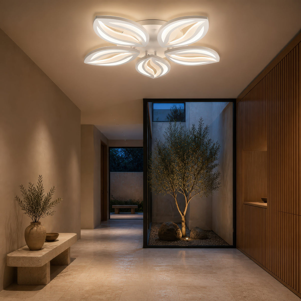 ORCHID 66W LED Chandelier with Remote Control, 5 Petals, Cool/Warm/Neutral Light, Dimmable, White, Metal and Acrylic, imaginea 13