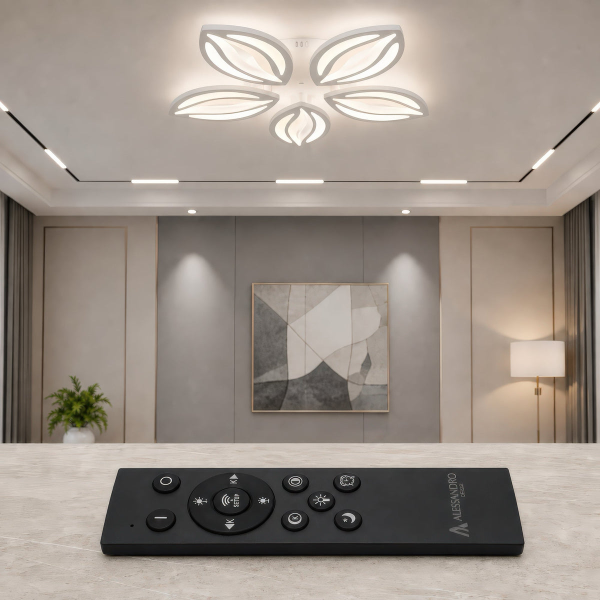 ORCHID 66W LED Chandelier with Remote Control, 5 Petals, Cool/Warm/Neutral Light, Dimmable, White, Metal and Acrylic, imaginea 3