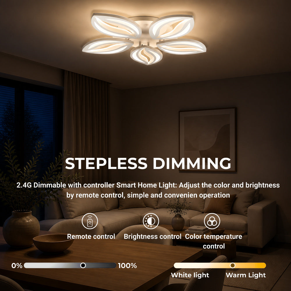 ORCHID 66W LED Chandelier with Remote Control, 5 Petals, Cool/Warm/Neutral Light, Dimmable, White, Metal and Acrylic, imaginea 4