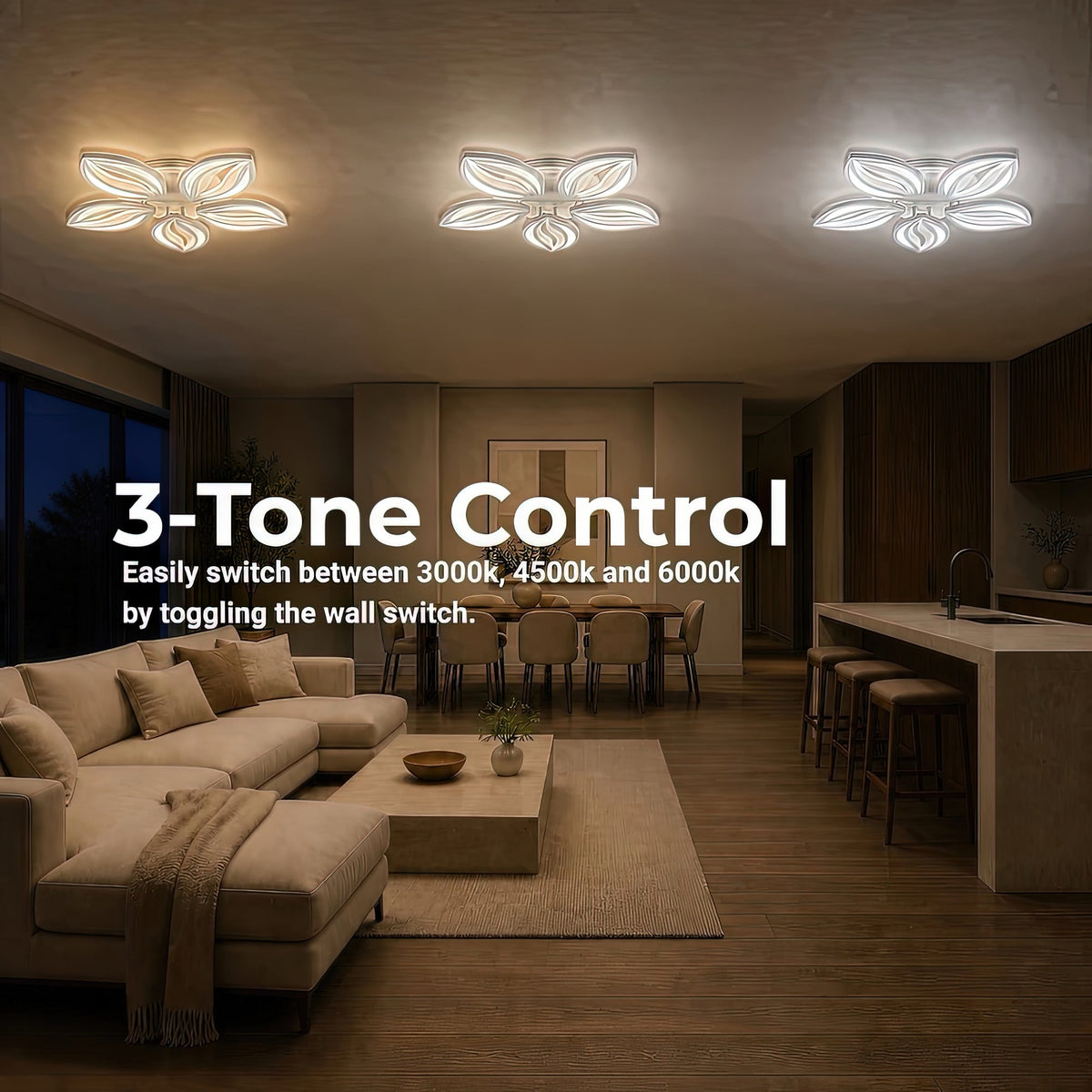 ORCHID 66W LED Chandelier with Remote Control, 5 Petals, Cool/Warm/Neutral Light, Dimmable, White, Metal and Acrylic, imaginea 5