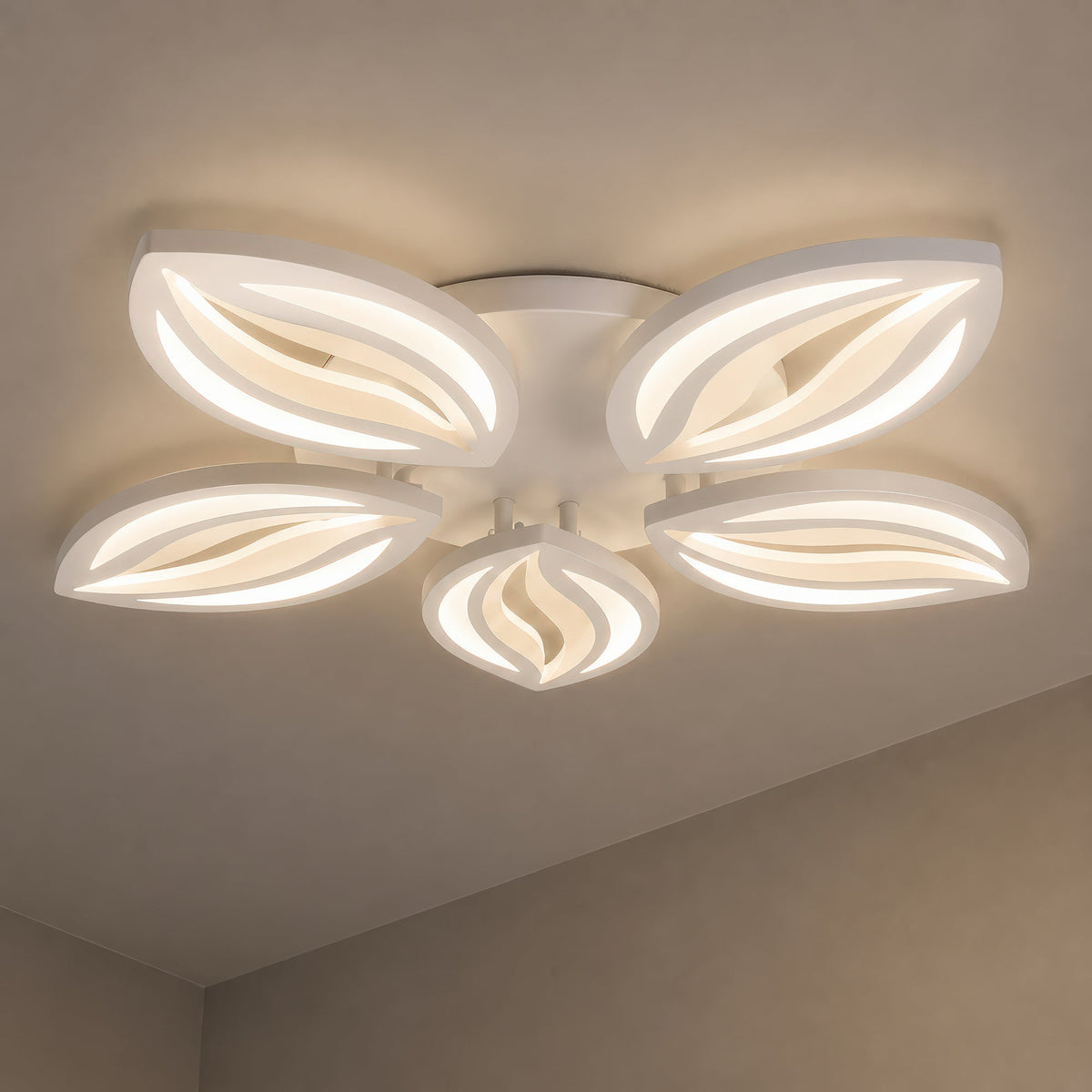 ORCHID 66W LED Chandelier with Remote Control, 5 Petals, Cool/Warm/Neutral Light, Dimmable, White, Metal and Acrylic, imaginea 8