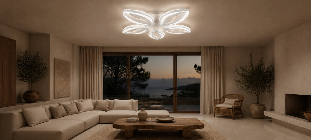 ORCHID 66W LED Chandelier with Remote Control, 5 Petals, Cool/Warm/Neutral Light, Dimmable, White, Metal and Acrylic, imaginea 14