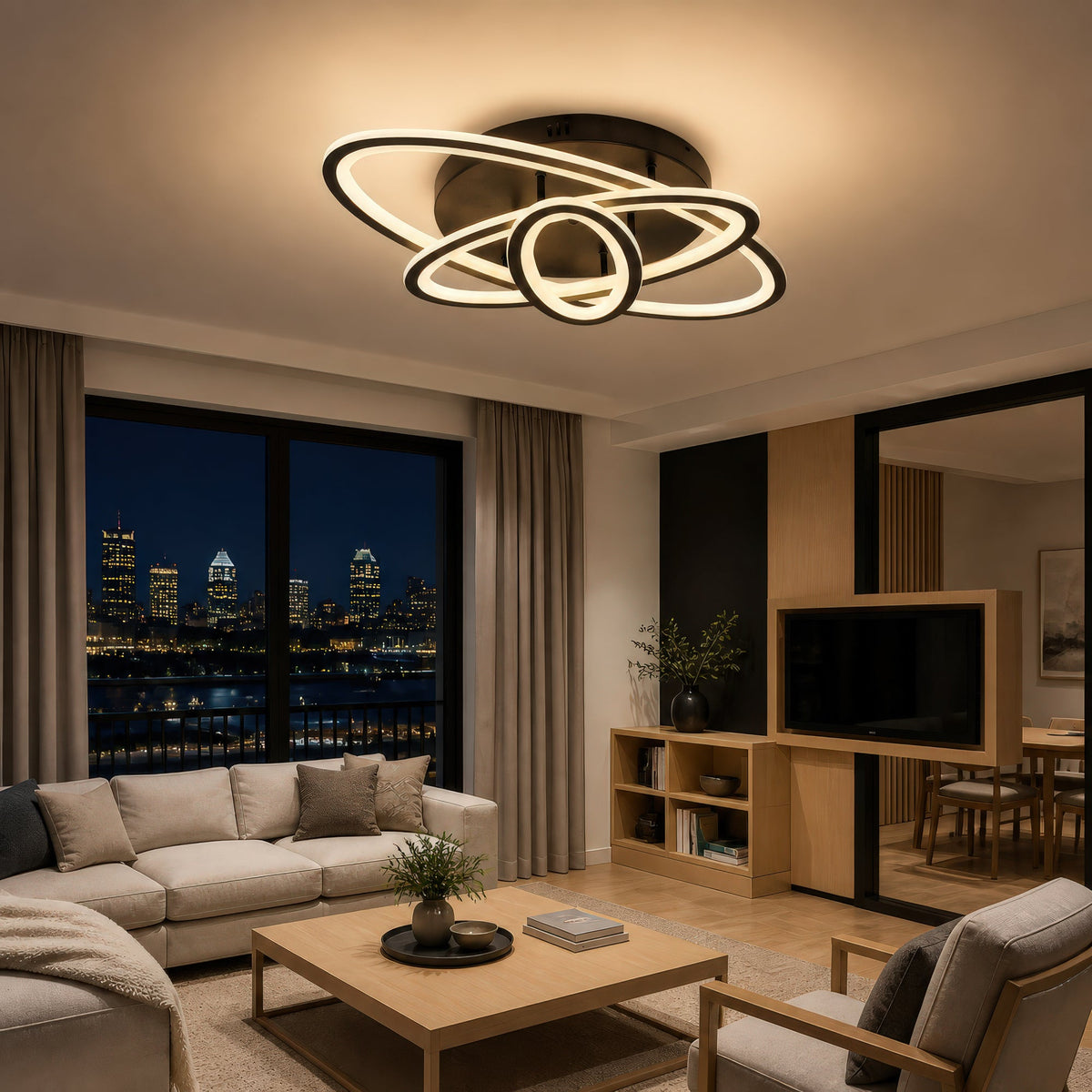 TIANA 78W LED Chandelier with Remote Control, 3 Ellipses, Cool/Warm/Neutral Light, Dimmable, Black, imaginea 10