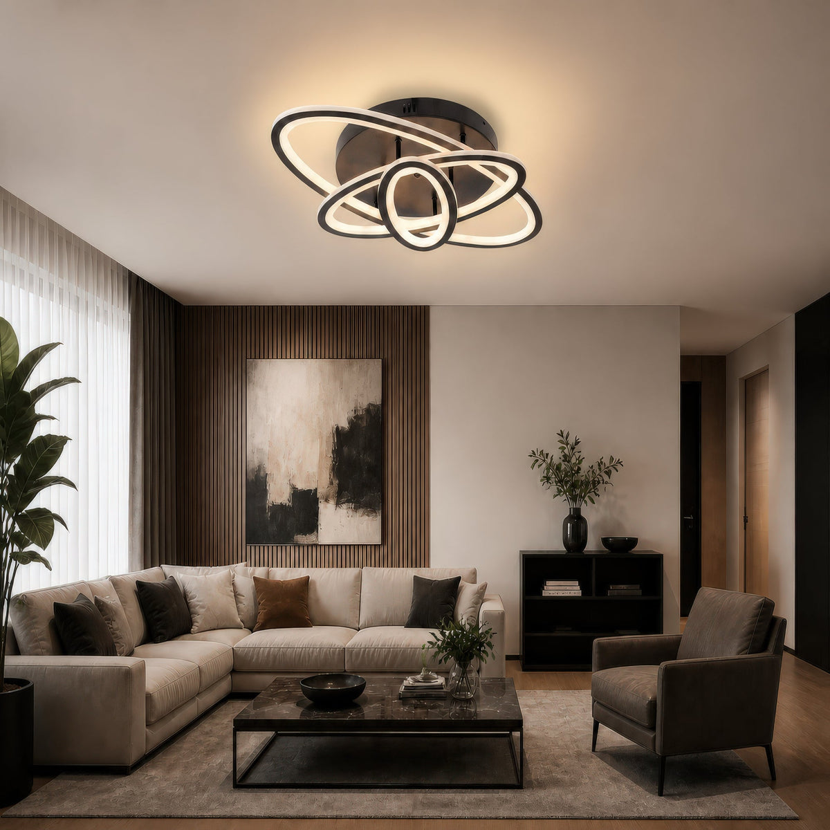 TIANA 78W LED Chandelier with Remote Control, 3 Ellipses, Cool/Warm/Neutral Light, Dimmable, Black, imaginea 11