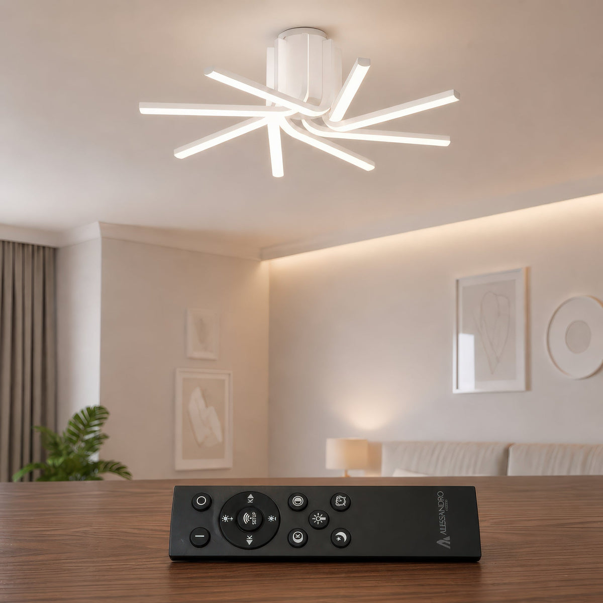 Lustra LED cu telecomanda IBANE, 8 surse, 3000K/4000K/6000K, 128W, Metal și Silicon, Alb
