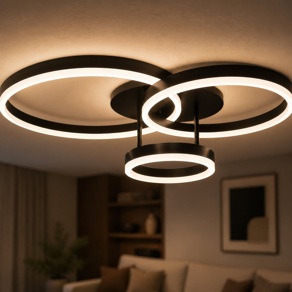 RIGA LILITH LED Chandelier with Remote Control, 68W, 3 Rings, Cool/Warm/Neutral Light, Dimmable, Black, imaginea 6