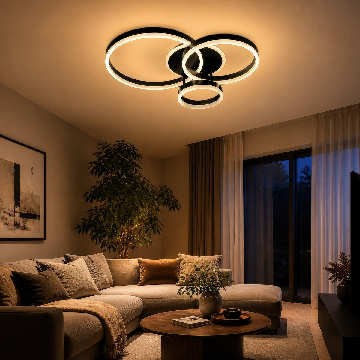 RIGA LILITH LED Chandelier with Remote Control, 68W, 3 Rings, Cool/Warm/Neutral Light, Dimmable, Black, imaginea 8