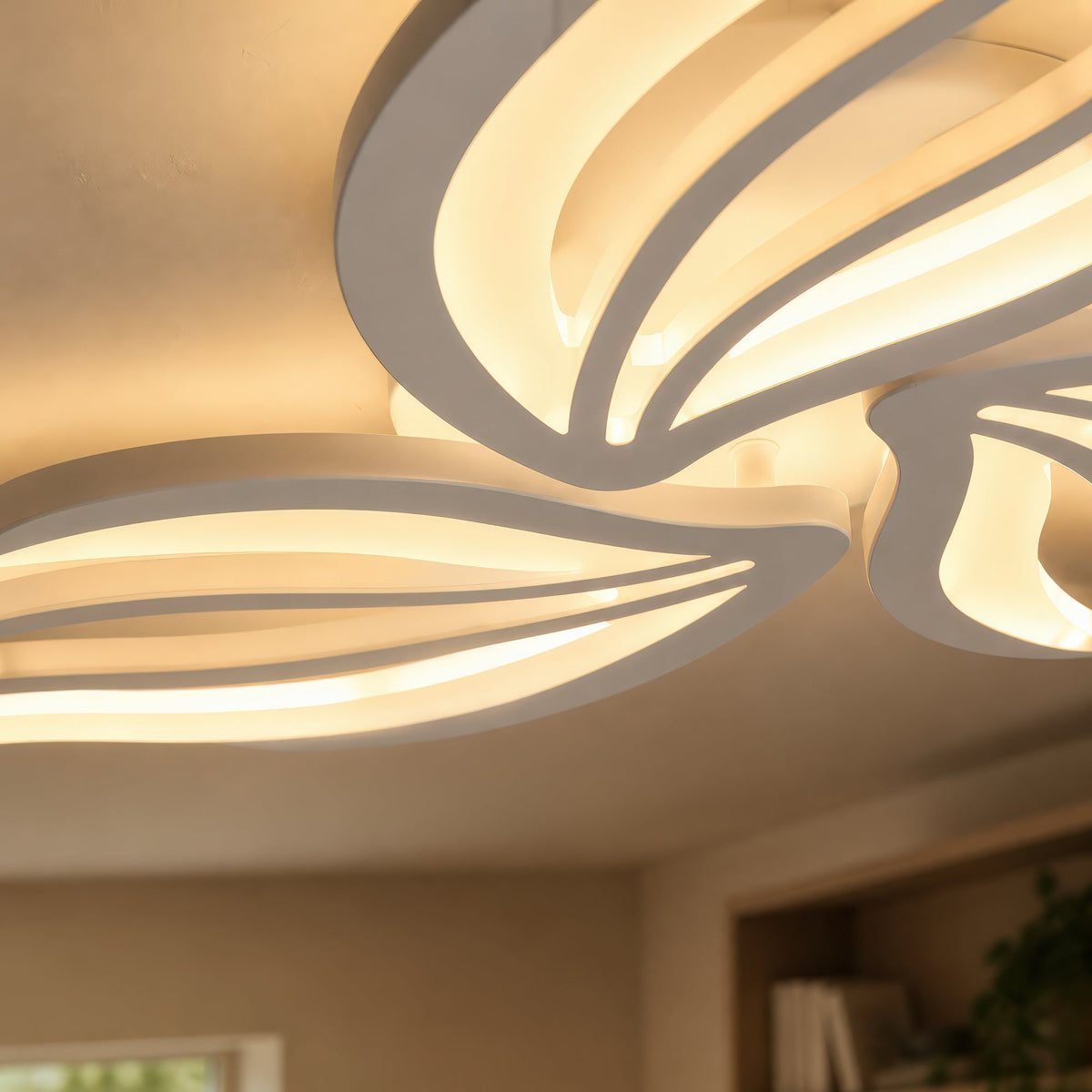 SAKURA 38W LED Chandelier with Remote Control, 3 Petals, Cool/Warm/Neutral Light, Dimmable, White, Metal and Acrylic, imaginea 2