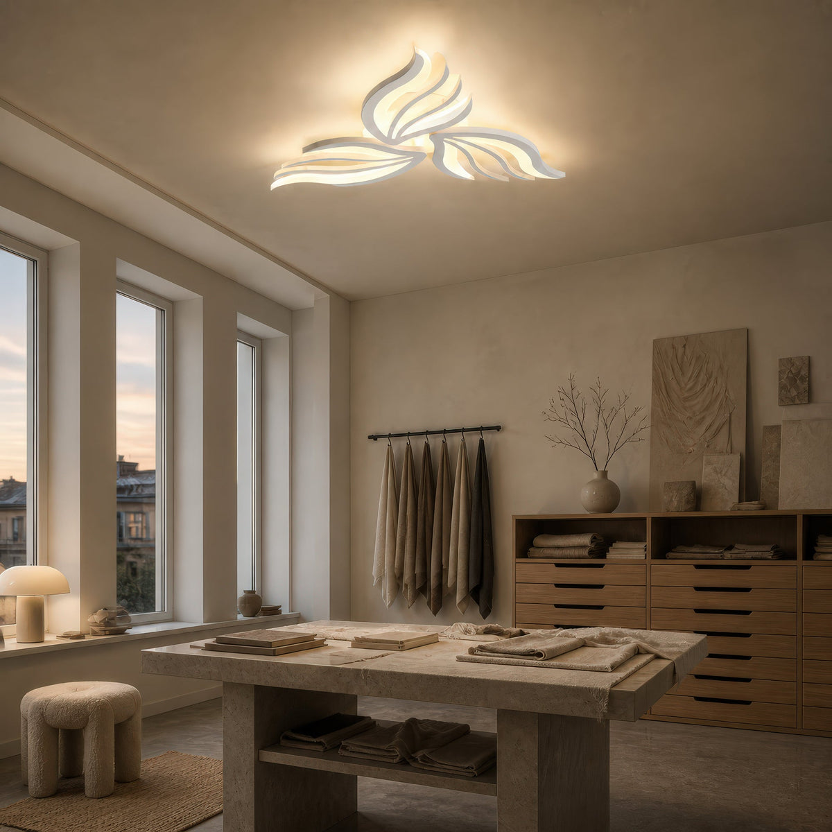 SAKURA 38W LED Chandelier with Remote Control, 3 Petals, Cool/Warm/Neutral Light, Dimmable, White, Metal and Acrylic, imaginea 13