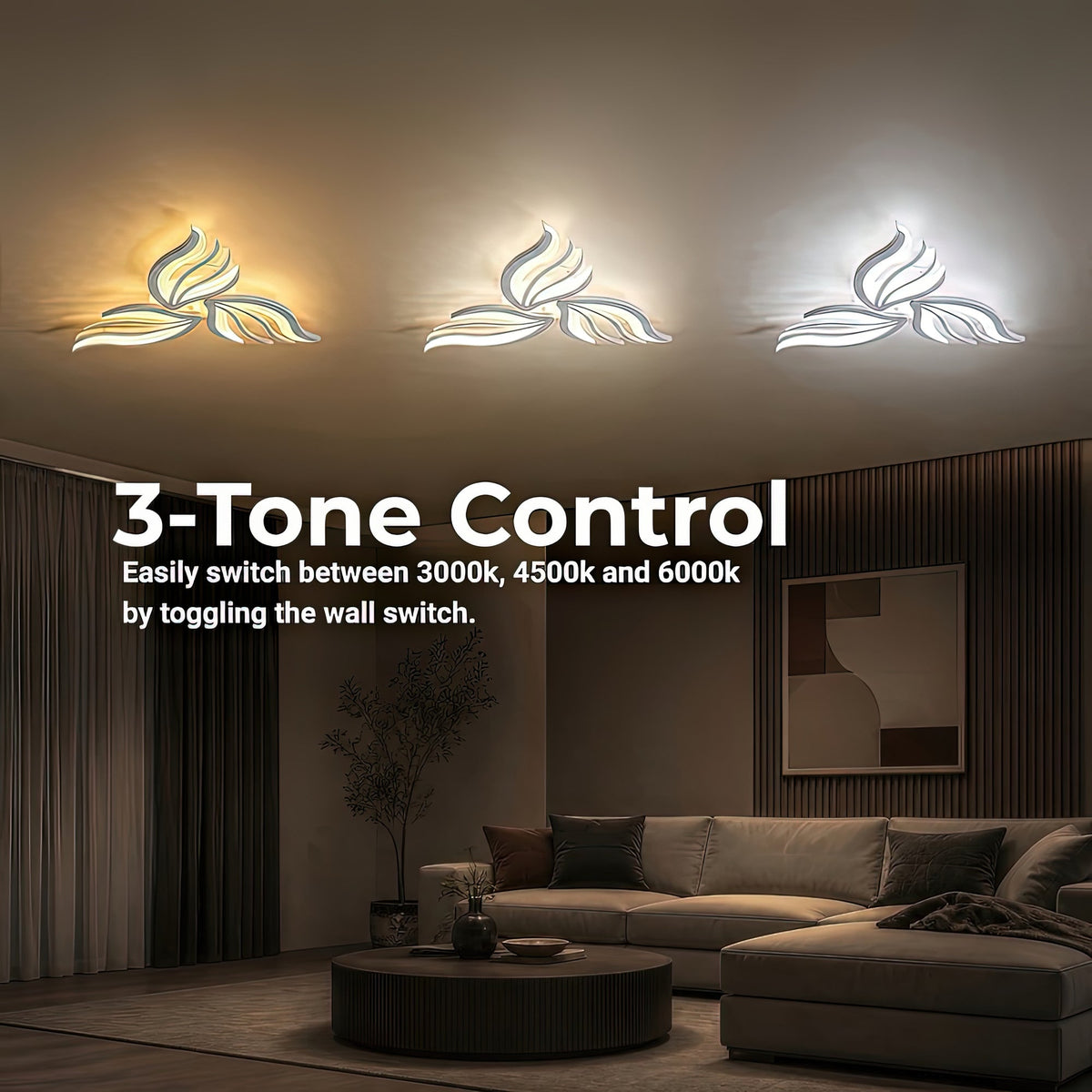 SAKURA 38W LED Chandelier with Remote Control, 3 Petals, Cool/Warm/Neutral Light, Dimmable, White, Metal and Acrylic, imaginea 5