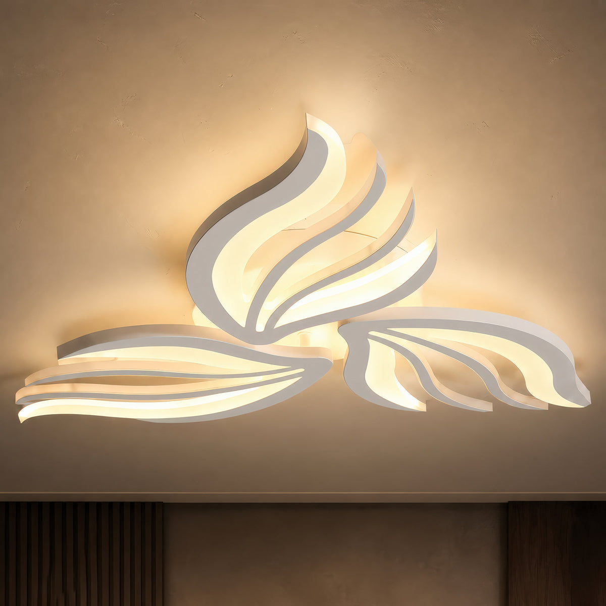 SAKURA 38W LED Chandelier with Remote Control, 3 Petals, Cool/Warm/Neutral Light, Dimmable, White, Metal and Acrylic, imaginea 8