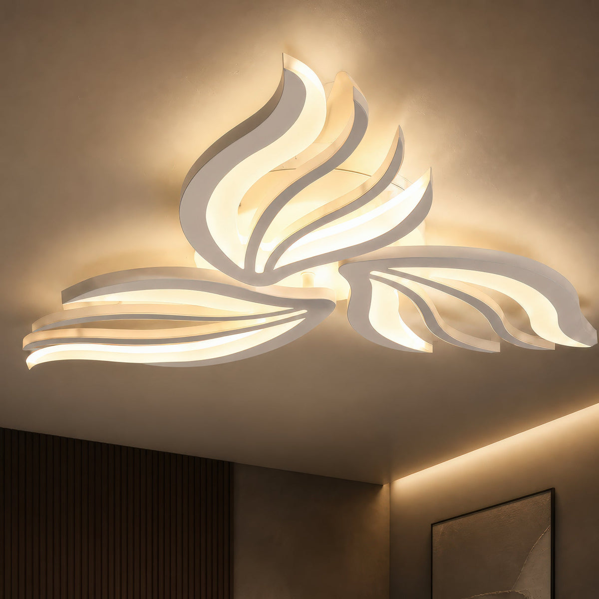 SAKURA 38W LED Chandelier with Remote Control, 3 Petals, Cool/Warm/Neutral Light, Dimmable, White, Metal and Acrylic, imaginea 9