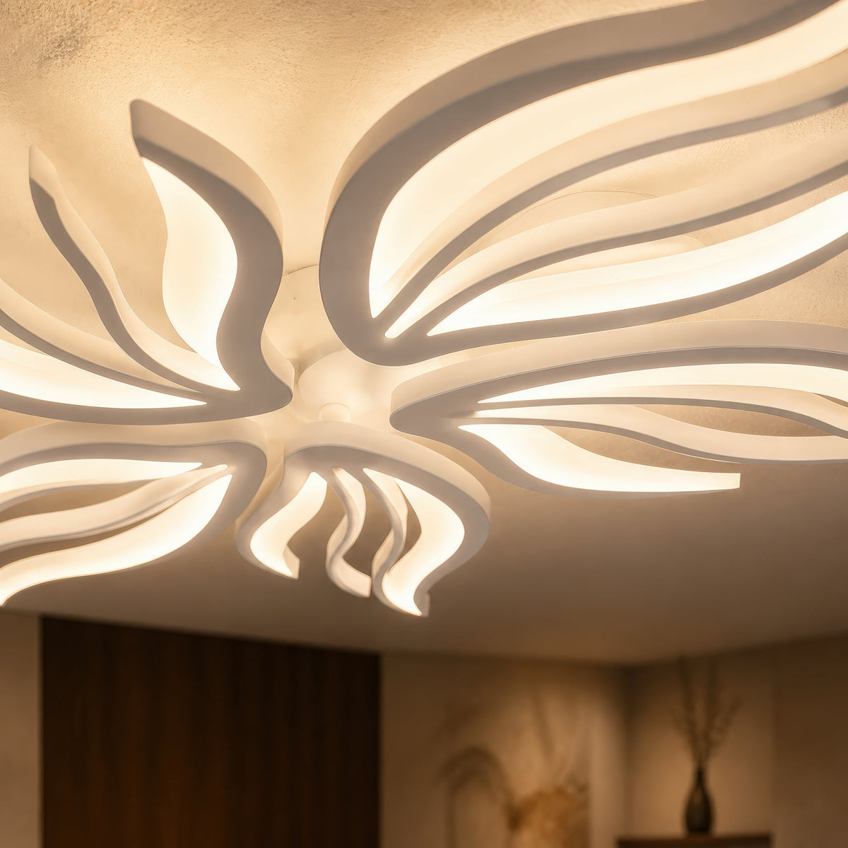 SAKURA 62W LED Chandelier with Remote Control, 5 Petals, Cool/Warm/Neutral Light, Dimmable, White, imaginea 9