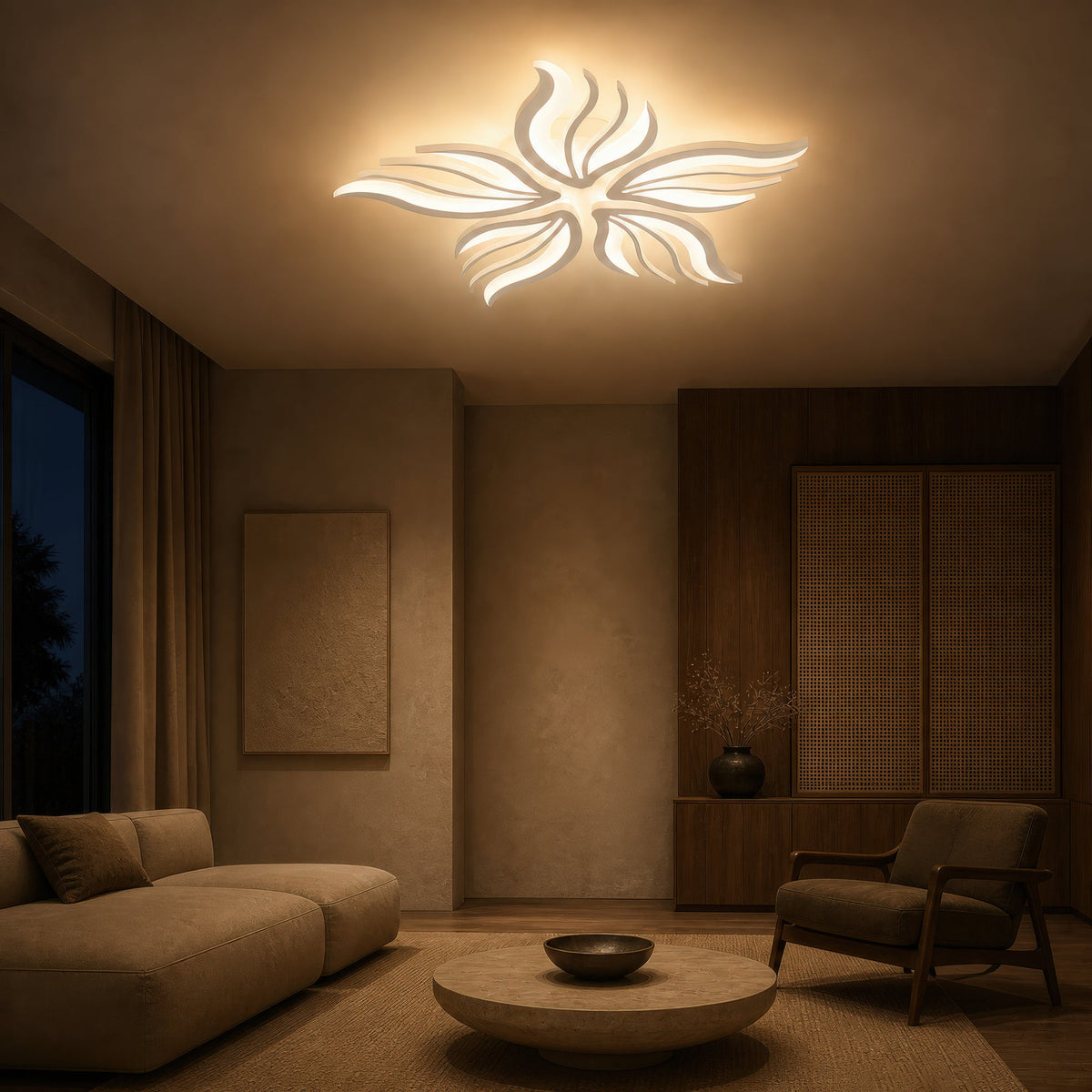 SAKURA 62W LED Chandelier with Remote Control, 5 Petals, Cool/Warm/Neutral Light, Dimmable, White, imaginea 11
