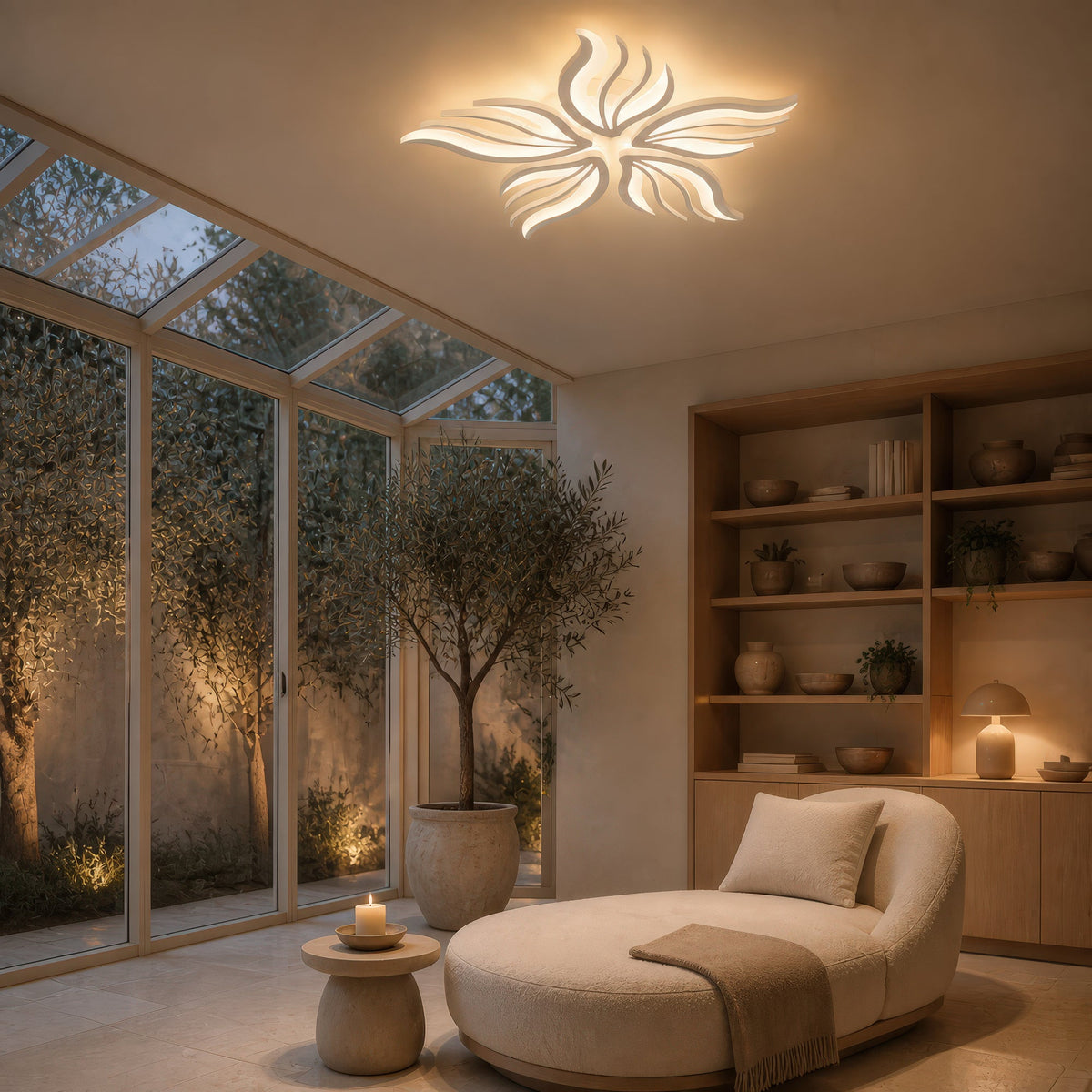 SAKURA 62W LED Chandelier with Remote Control, 5 Petals, Cool/Warm/Neutral Light, Dimmable, White, imaginea 13