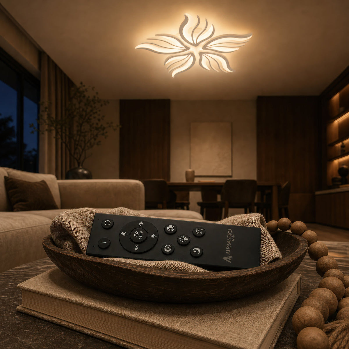 SAKURA 62W LED Chandelier with Remote Control, 5 Petals, Cool/Warm/Neutral Light, Dimmable, White, imaginea 3