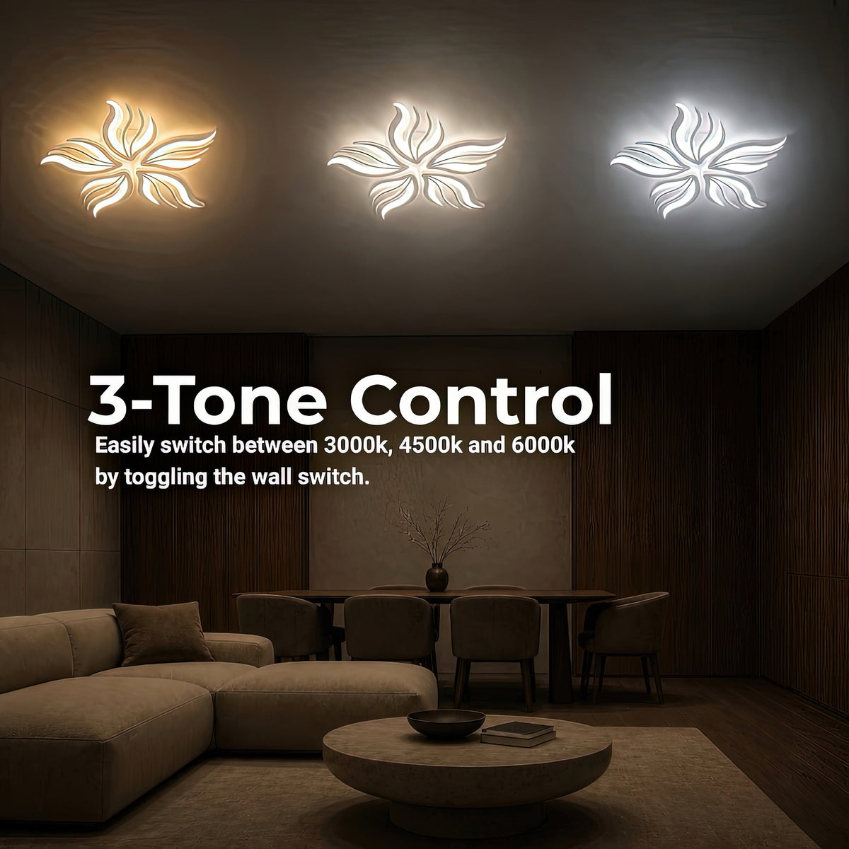 SAKURA 62W LED Chandelier with Remote Control, 5 Petals, Cool/Warm/Neutral Light, Dimmable, White, imaginea 5