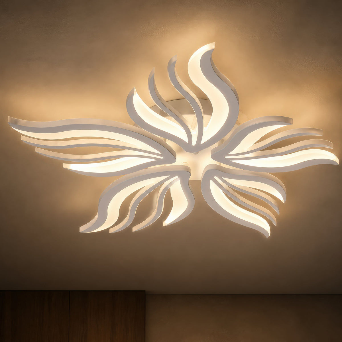 SAKURA 62W LED Chandelier with Remote Control, 5 Petals, Cool/Warm/Neutral Light, Dimmable, White, imaginea 2