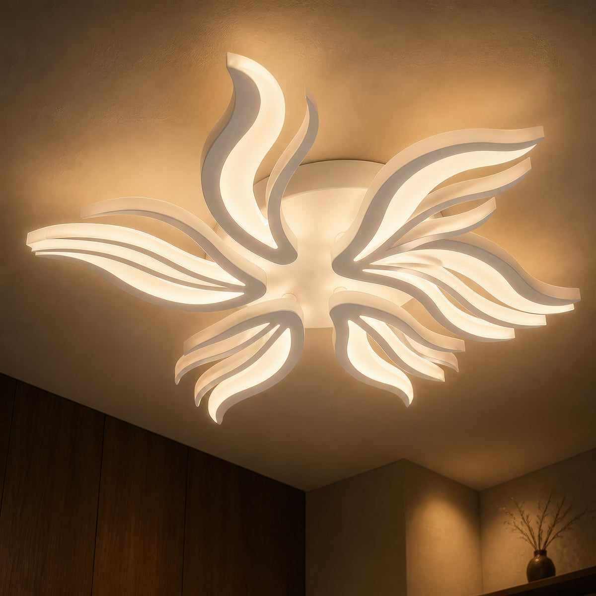 SAKURA 62W LED Chandelier with Remote Control, 5 Petals, Cool/Warm/Neutral Light, Dimmable, White, imaginea 8