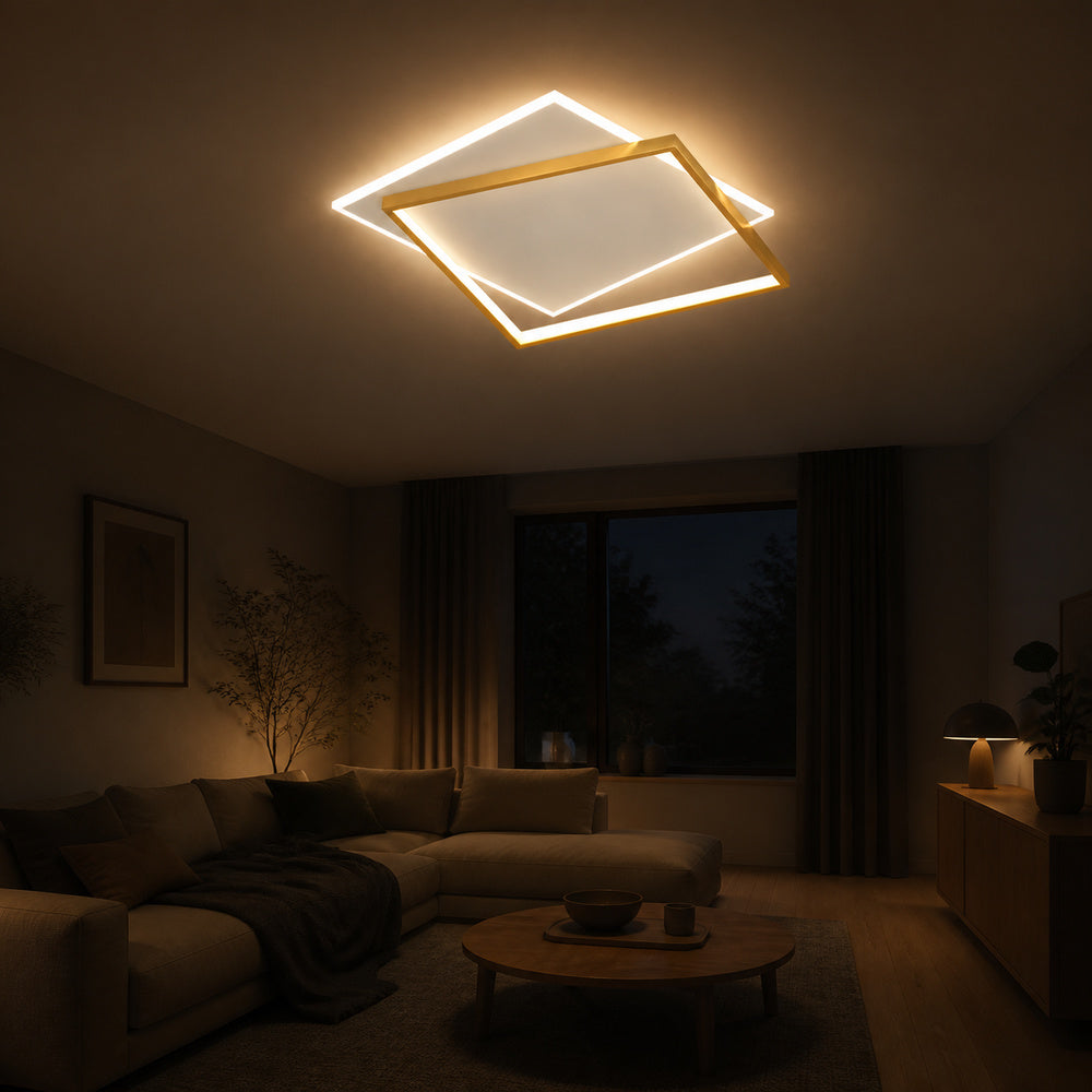 Lustra LED cu telecomanda SOLARA 66W, 2 Patrate, lumina Rece/Calda/Neutra, Dimabila, Auriu Alb