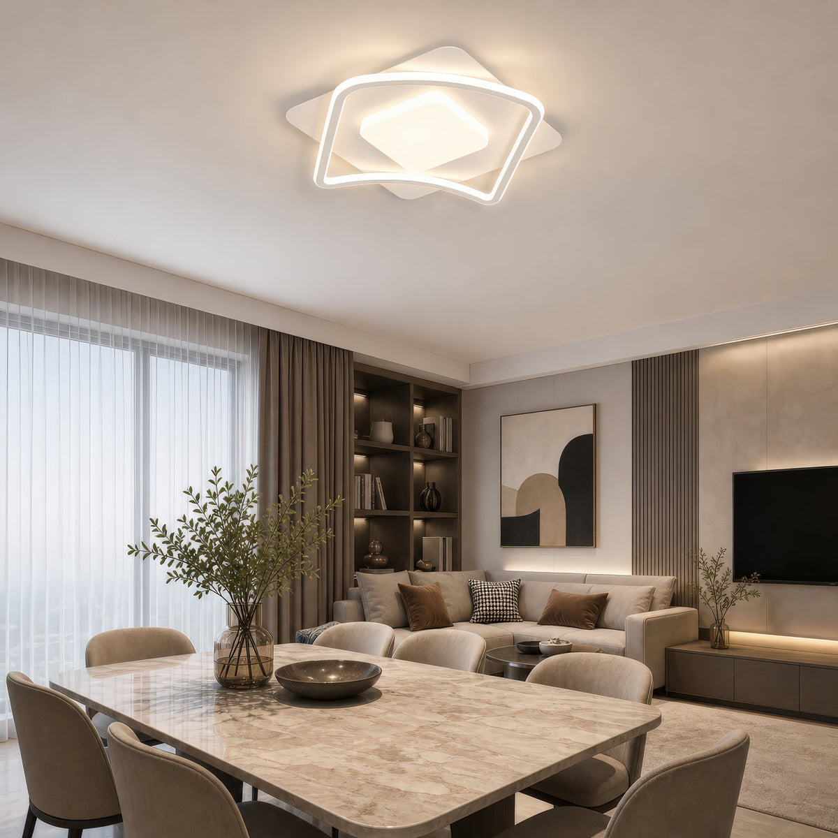 MODERNO 53W LED Chandelier with Remote Control, 2 Squares, Cool/Warm/Neutral Light, Dimmable, White, imaginea 11
