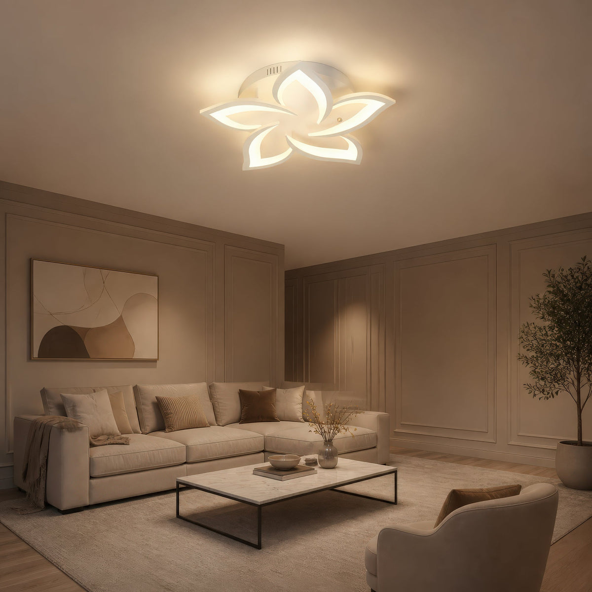 LED Chandelier with Remote Control LOTUS 54W, 5 Petals, Cool/Warm/Neutral Light, Dimmable, White, imaginea 1