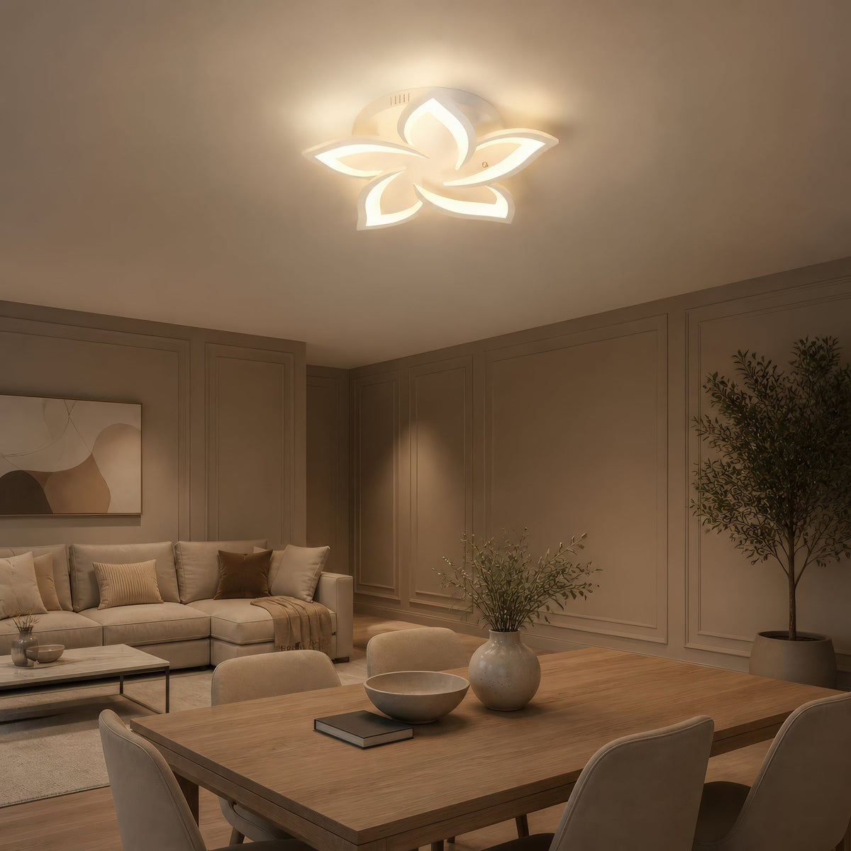LED Chandelier with Remote Control LOTUS 54W, 5 Petals, Cool/Warm/Neutral Light, Dimmable, White, imaginea 10