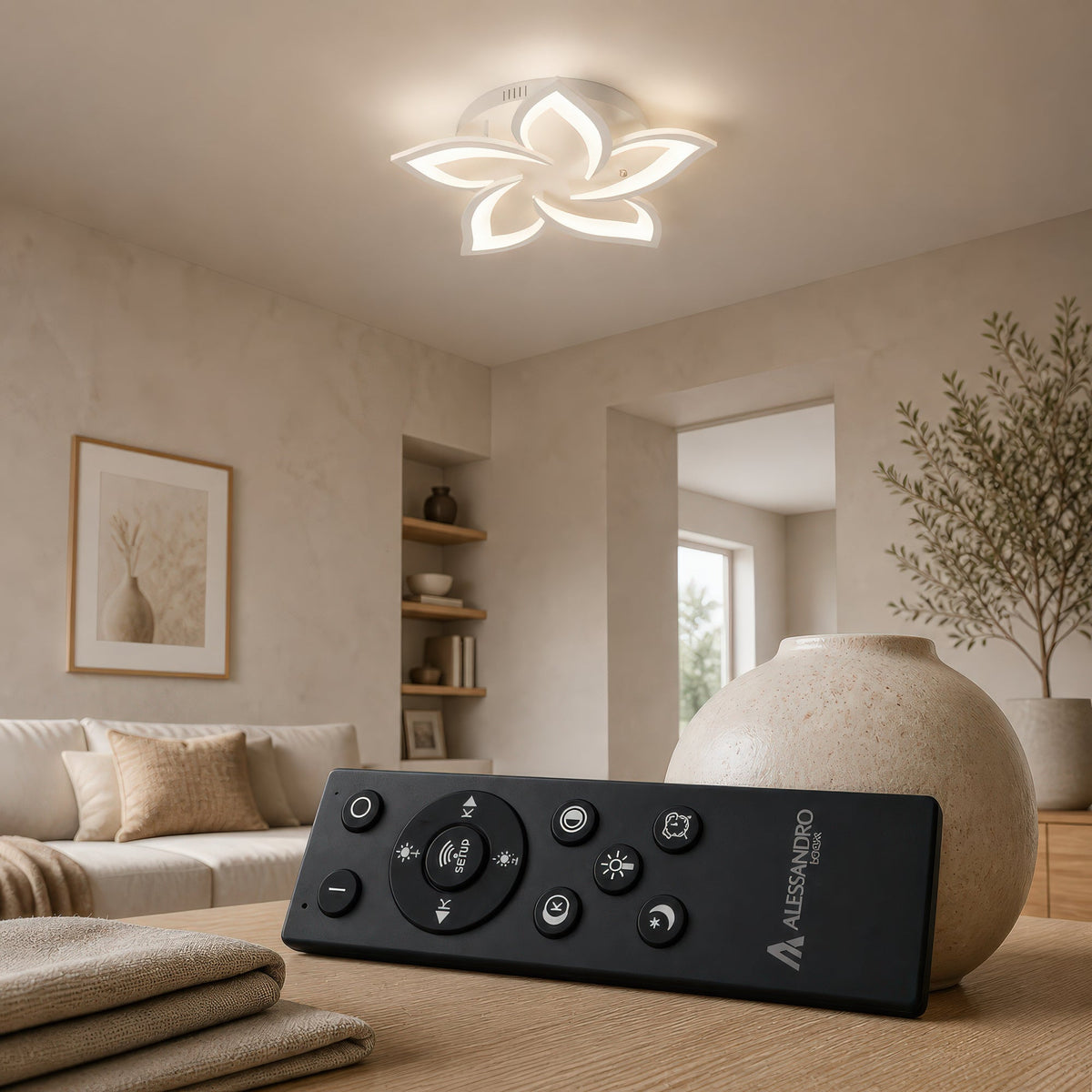 LED Chandelier with Remote Control LOTUS 54W, 5 Petals, Cool/Warm/Neutral Light, Dimmable, White, imaginea 3