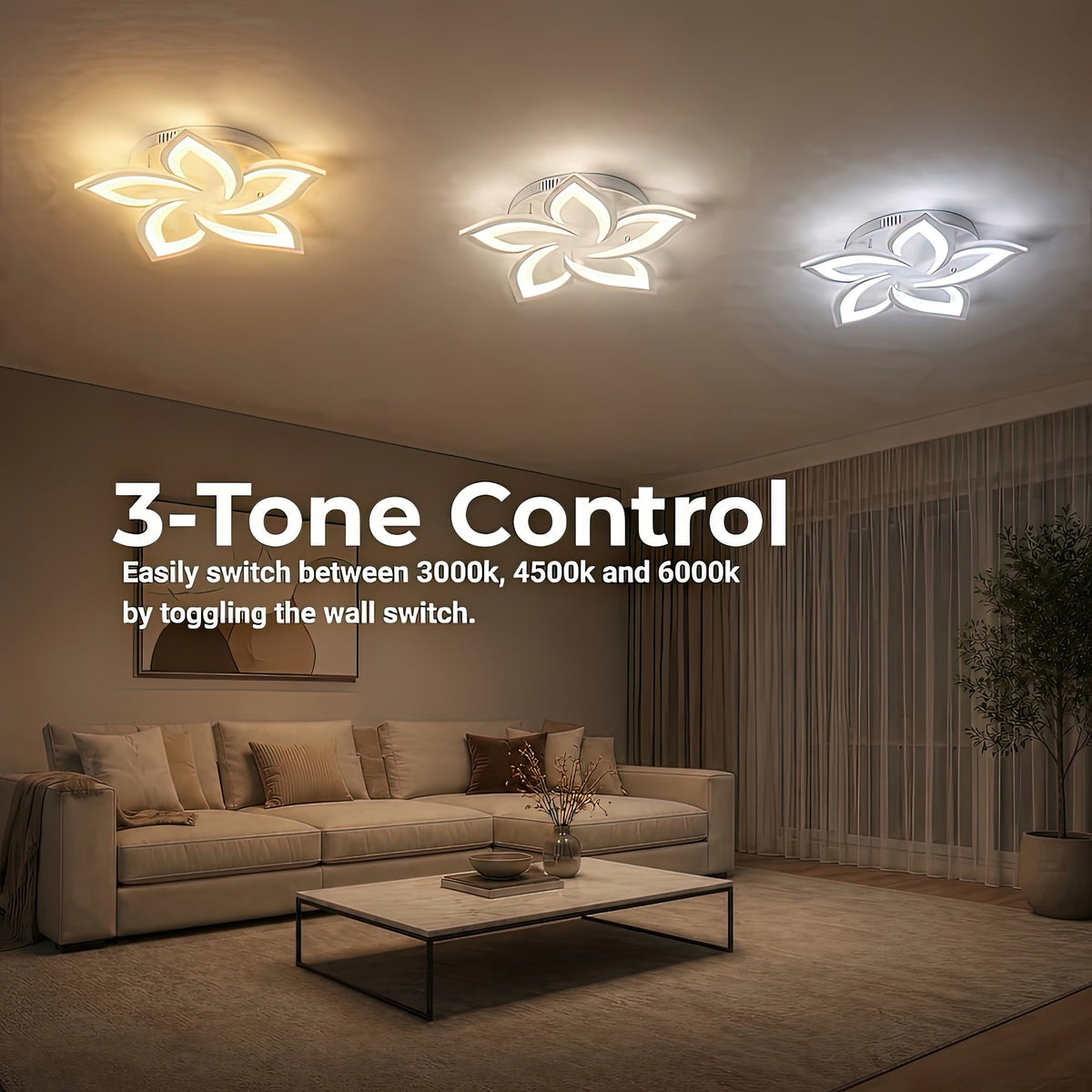 LED Chandelier with Remote Control LOTUS 54W, 5 Petals, Cool/Warm/Neutral Light, Dimmable, White, imaginea 5