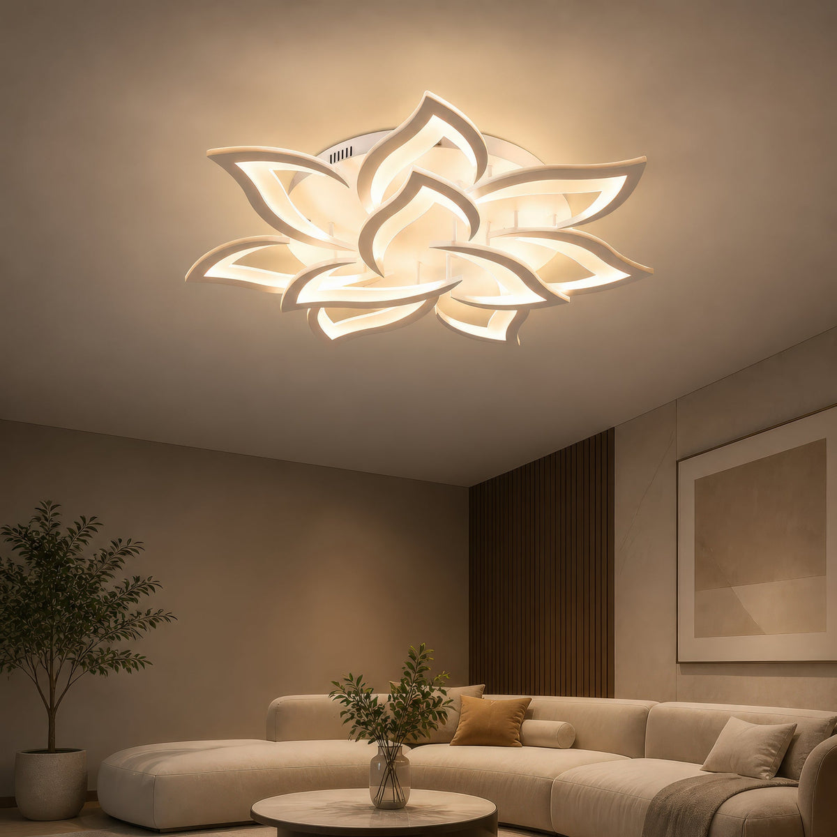 LED Chandelier with Remote Control LOTUS 91W, 9 Petals, Cool/Warm/Neutral Light, Dimmable, White, imaginea 1