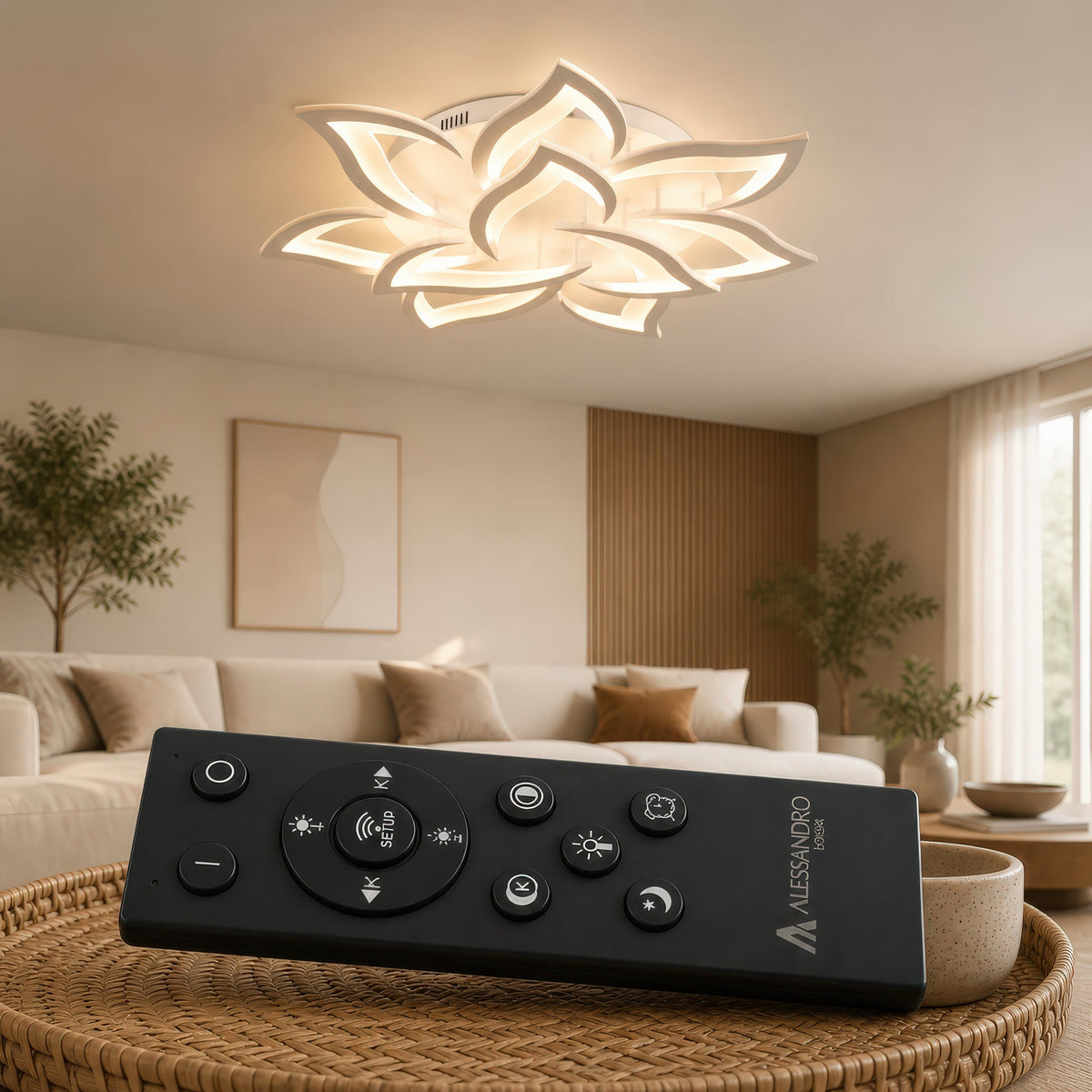 LED Chandelier with Remote Control LOTUS 91W, 9 Petals, Cool/Warm/Neutral Light, Dimmable, White, imaginea 3