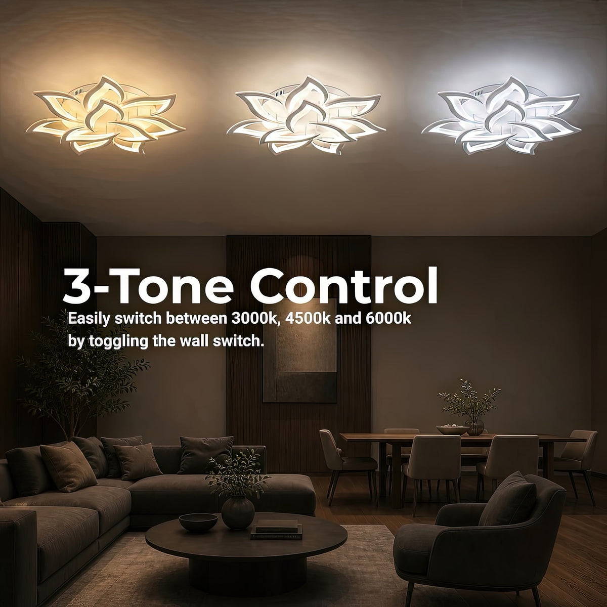 LED Chandelier with Remote Control LOTUS 91W, 9 Petals, Cool/Warm/Neutral Light, Dimmable, White, imaginea 5