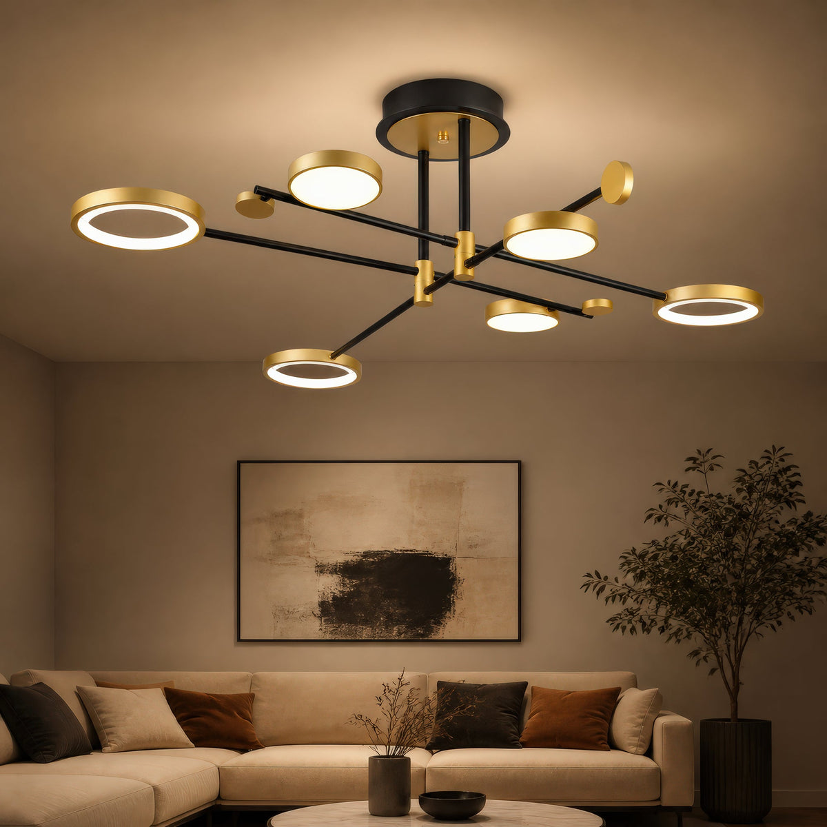 Lustra LED cu Telecomanda MARIA, 6 Elemente, 31W, Lumina Calda/Rece/Neutra 3000K/4000K/6000K, Dimabila, Auriu si Negru, Metal