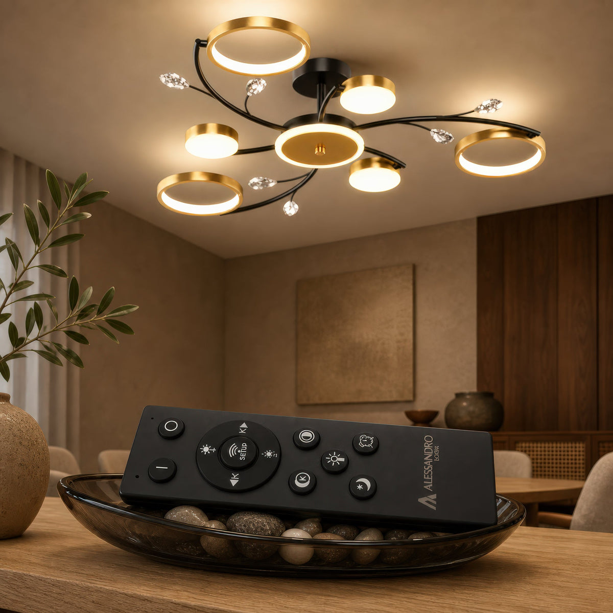 LED luster s diaľkovým ovládačom KARINA, 26 W, 6 svetelných zdrojov, teplé/chladné/neuterálne svetlo, stm raveľný, zlatý, imaginea 3