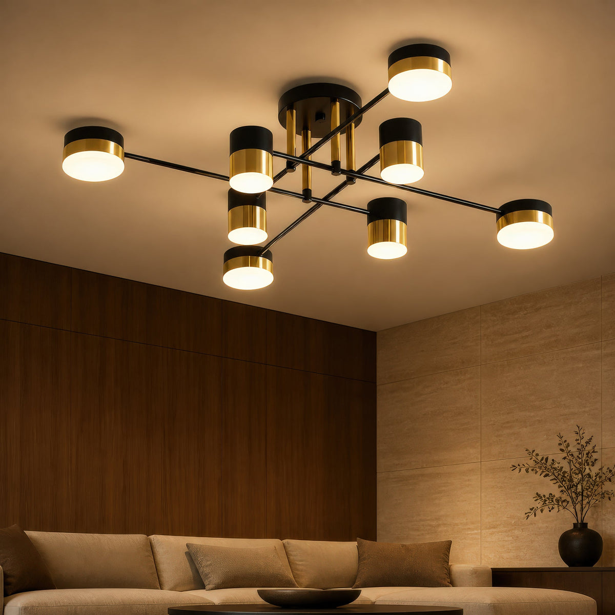 Lustra LED cu Telecomanda MARIO, 32W, 8 Elemente, Lumina Rece/Calda/Neutra, Dimabila, Negru/Auriu