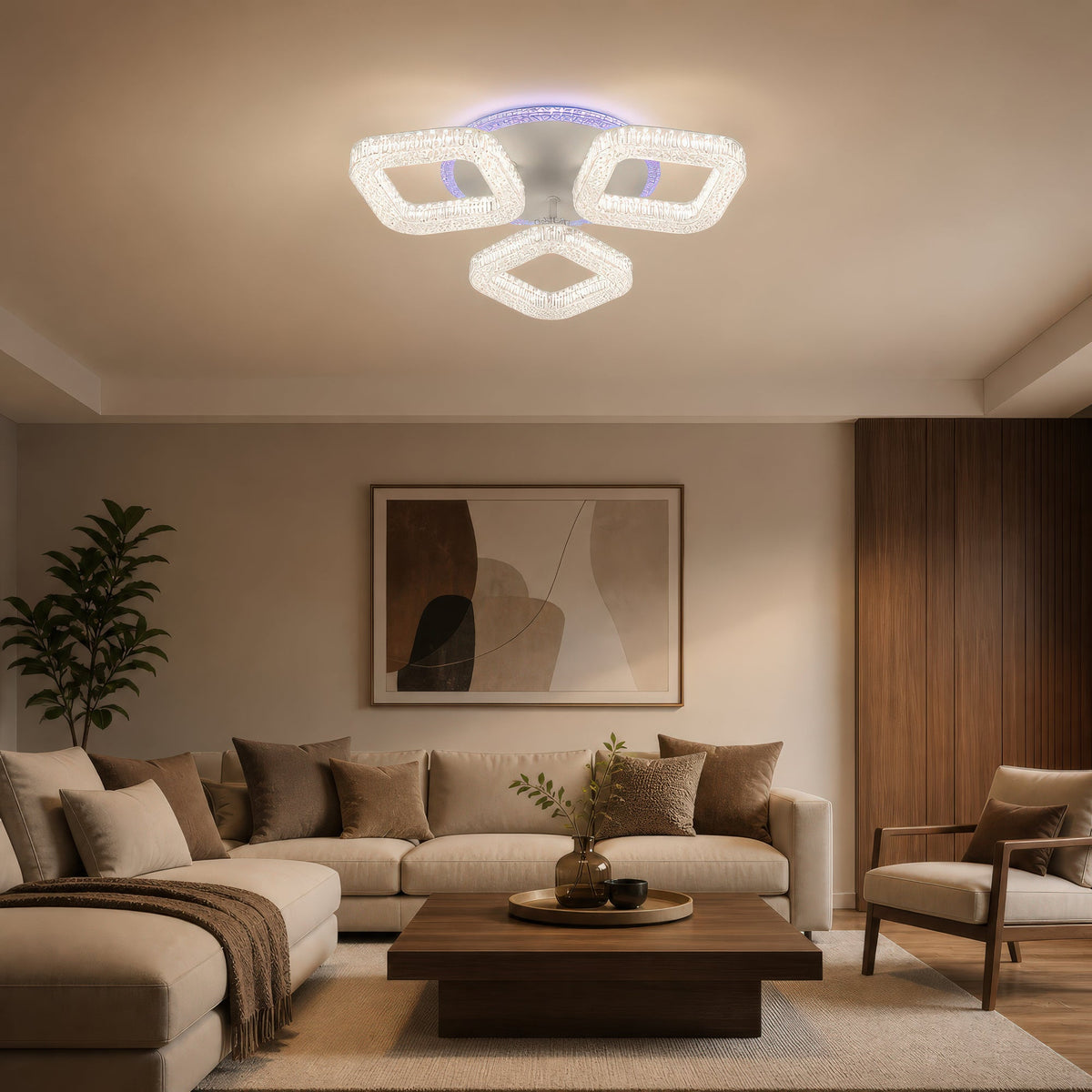 Lustra LED RENATO Nobile cu telecomanda si cristal, 39W, 3 Patrate, Lumina Rece/Calda/Neutra, Dimabila, Alb