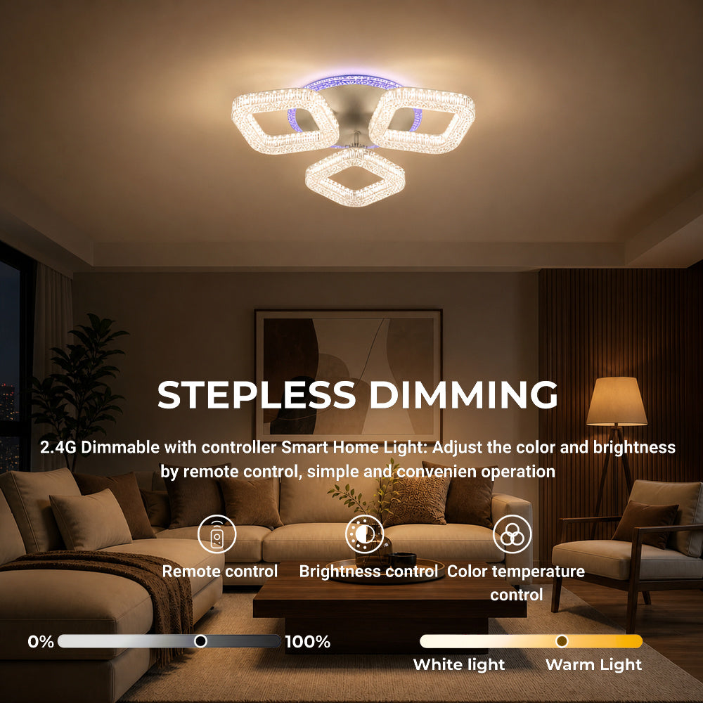 Lustra LED RENATO Nobile cu telecomanda si cristal, 39W, 3 Patrate, Lumina Rece/Calda/Neutra, Dimabila, Alb