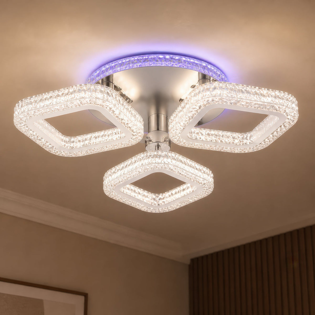 Lustra LED RENATO Nobile cu telecomanda si cristal, 39W, 3 Patrate, Lumina Rece/Calda/Neutra, Dimabila, Alb