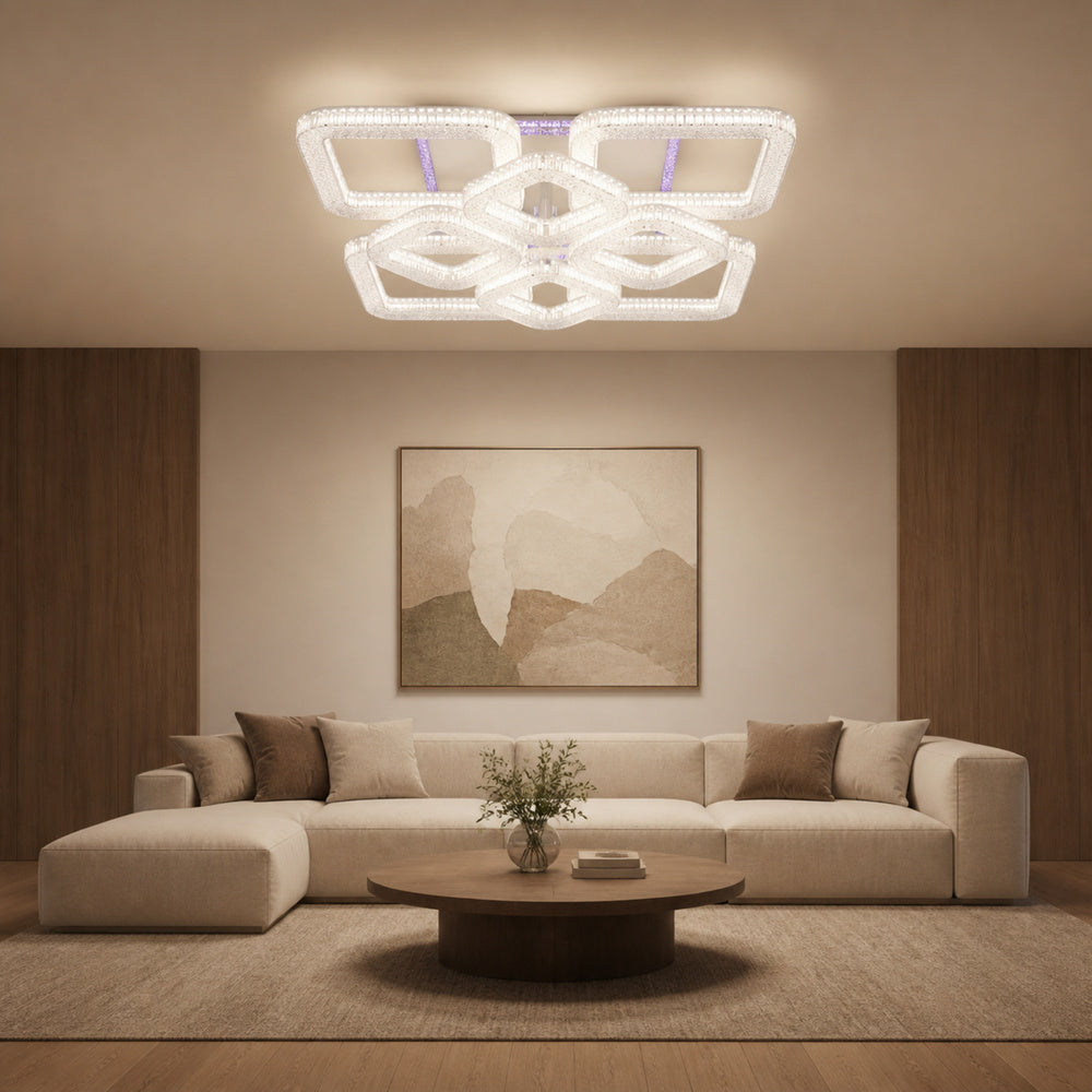 Lustra LED RENATO Magno cu telecomanda si cristal, 128W, 8 Patrate, Lumina Rece/Calda/Neutra, Dimabila, Alb