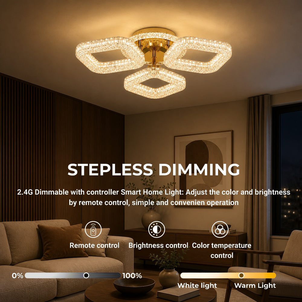 Lustra LED RENATO Nobile cu telecomanda si cristal, 39W, 3 Patrate, Lumina Rece/Calda/Neutra, Dimabila, Auriu